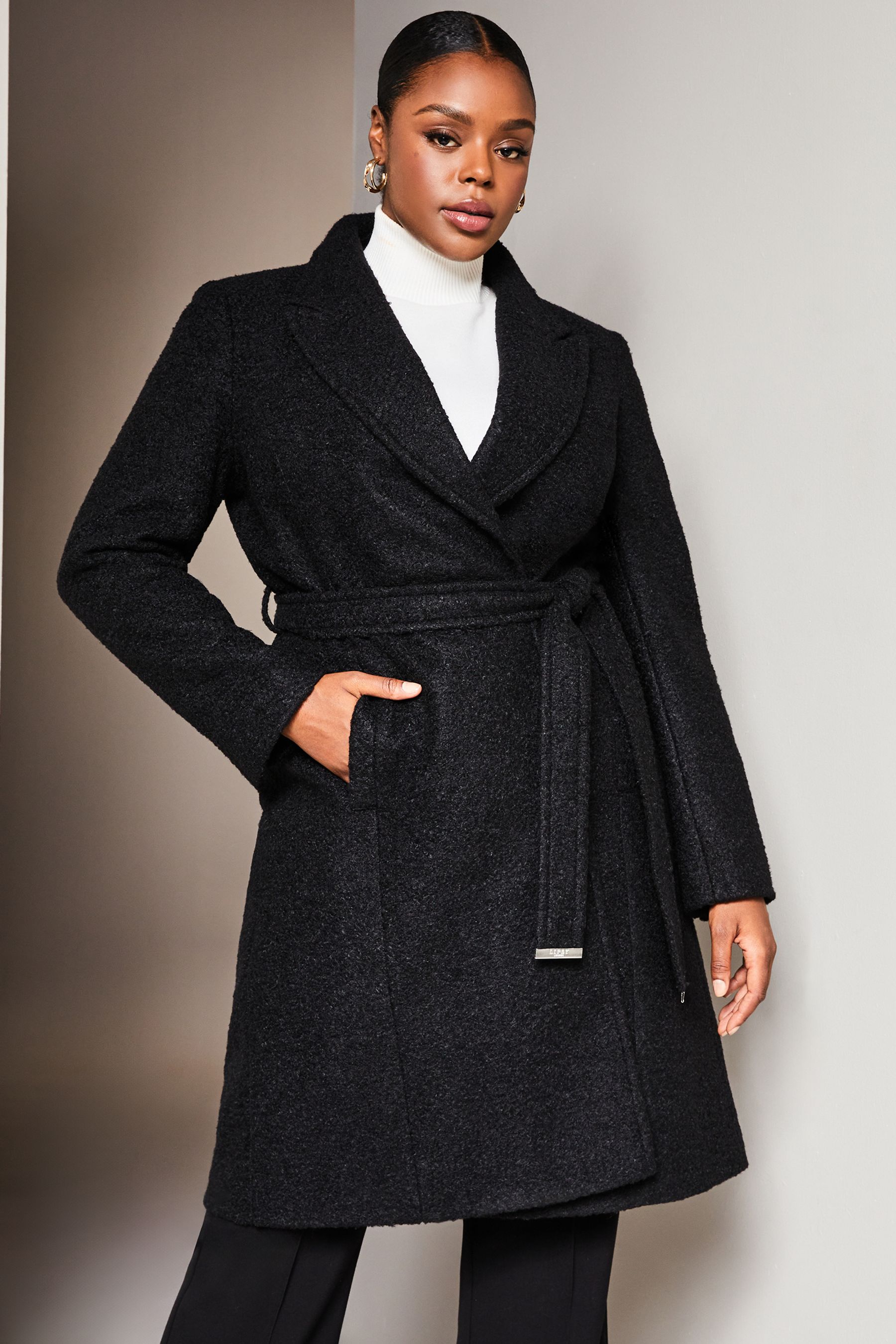 Buy Lipsy Black Curve Relaxed Belted Boucle Smart Wrap Trench Coat from Next Belgium