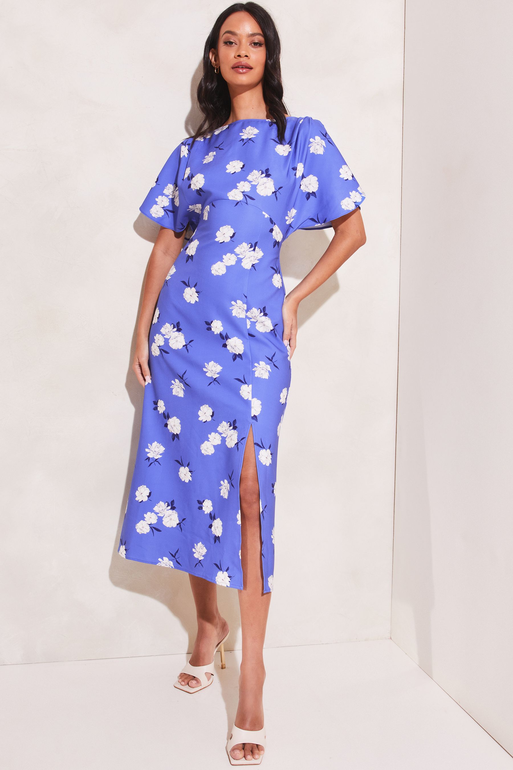 Buy Lipsy Blue Floral Tulip Sleeve Underbust Midi Dress from Next Luxembourg