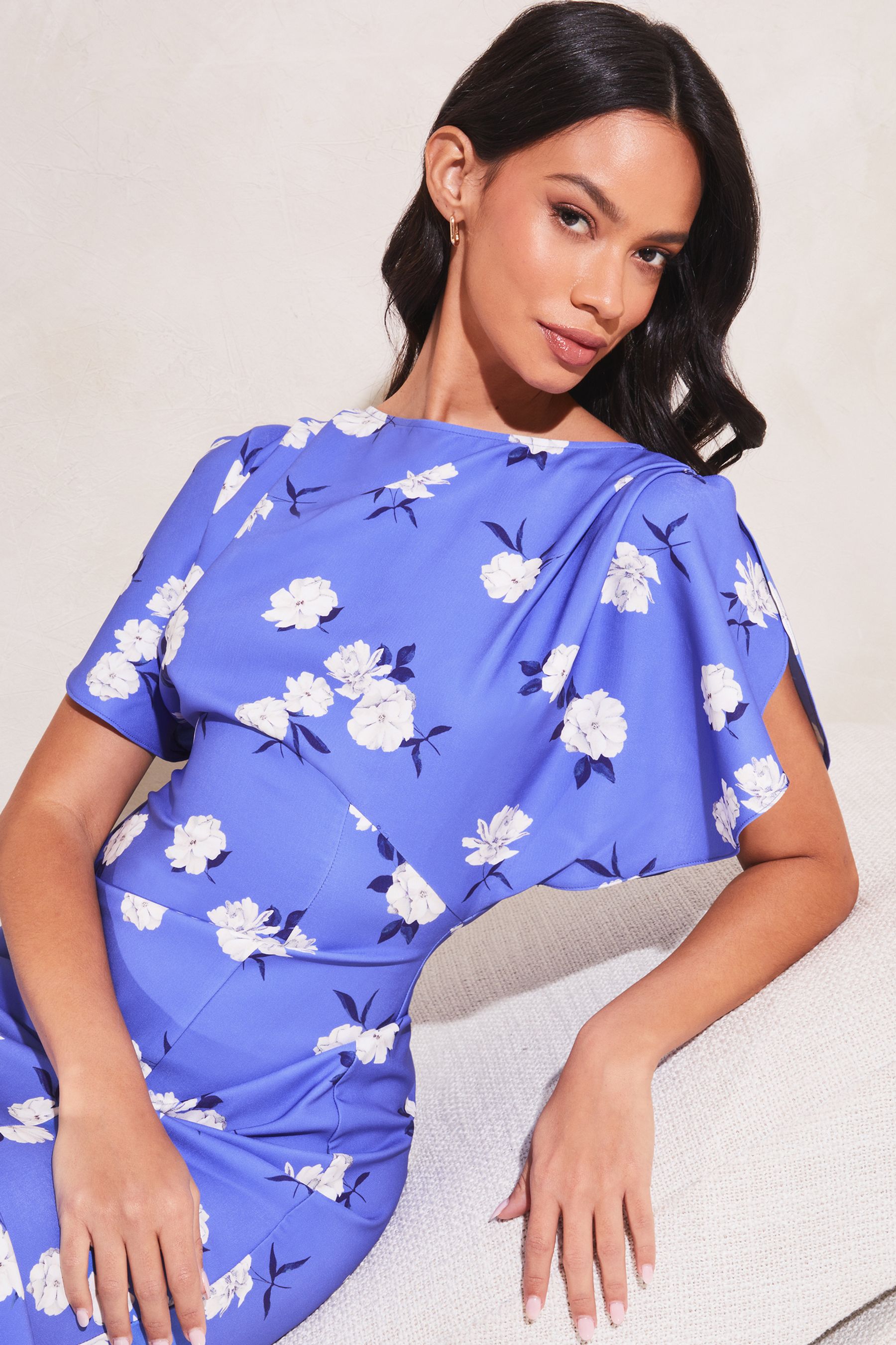 Buy Lipsy Blue Floral Tulip Sleeve Underbust Midi Dress from Next Luxembourg