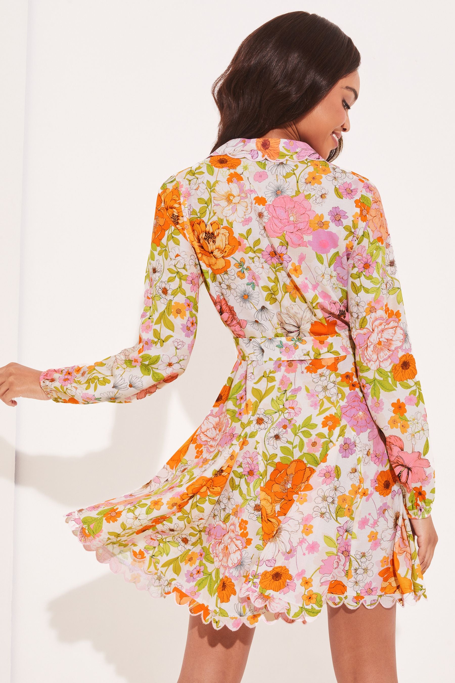 Buy Lipsy Floral Long Sleeve Belted Scallop Mini Shirt Dress from Next Luxembourg