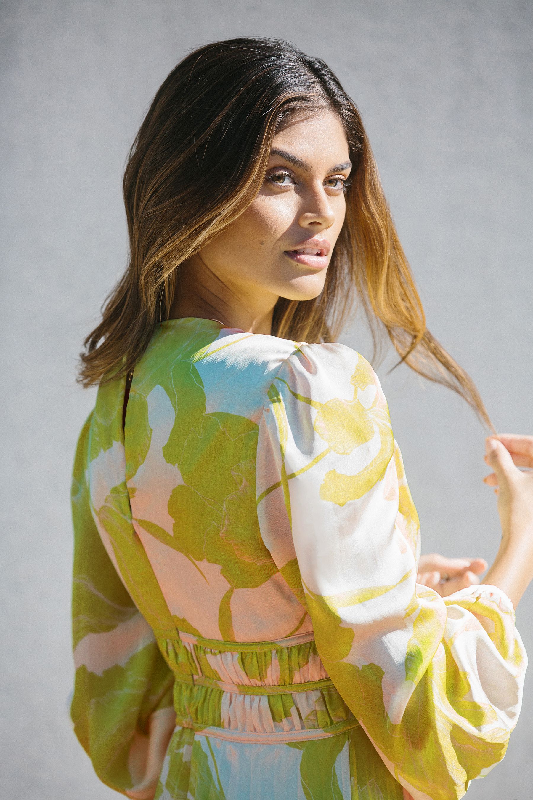 Buy Lipsy Lime Floral Long Sleeve Pleated V Neck Channel Waist Midi Dress from Next Austria