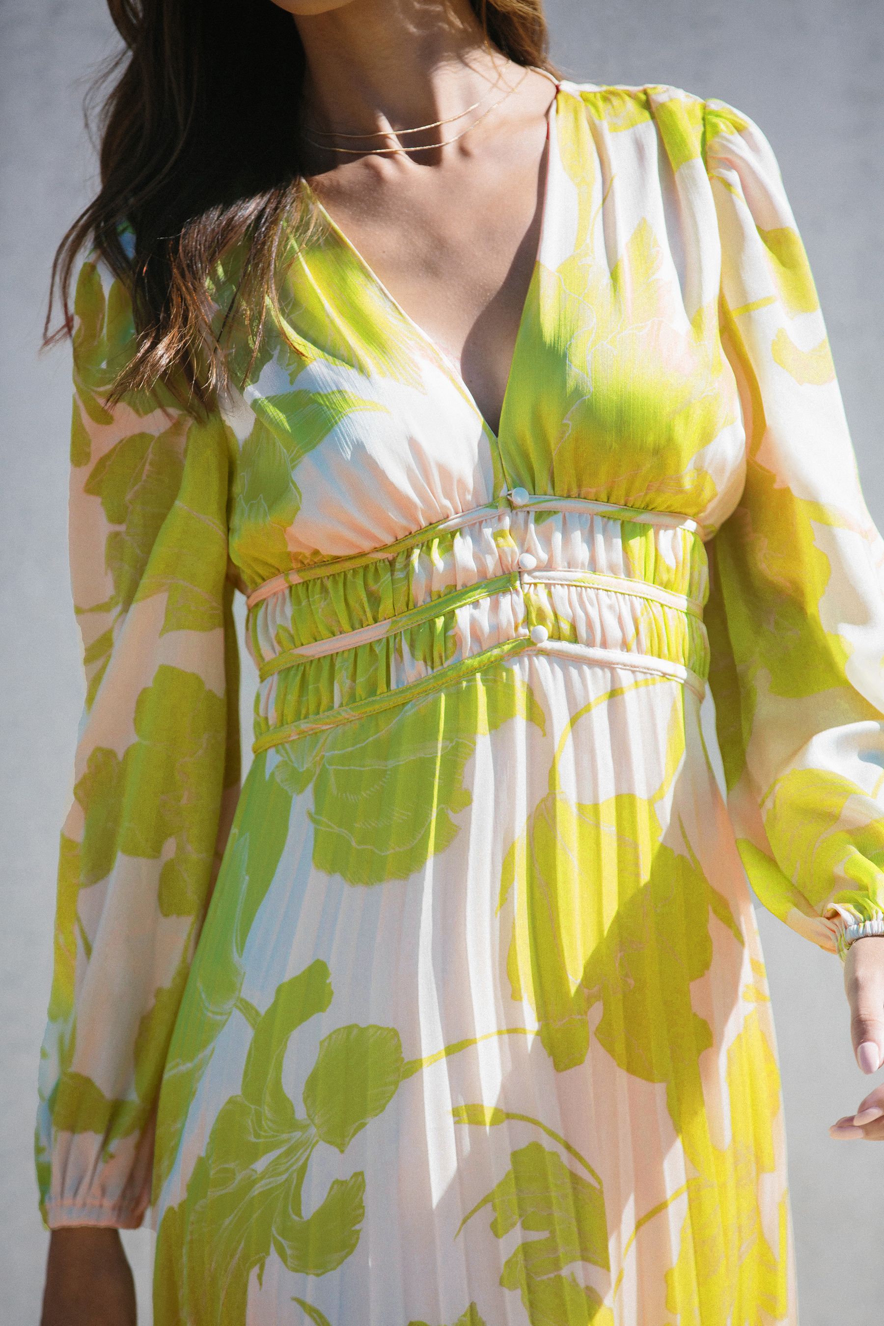 Buy Lipsy Lime Floral Long Sleeve Pleated V Neck Channel Waist Midi Dress from Next Austria