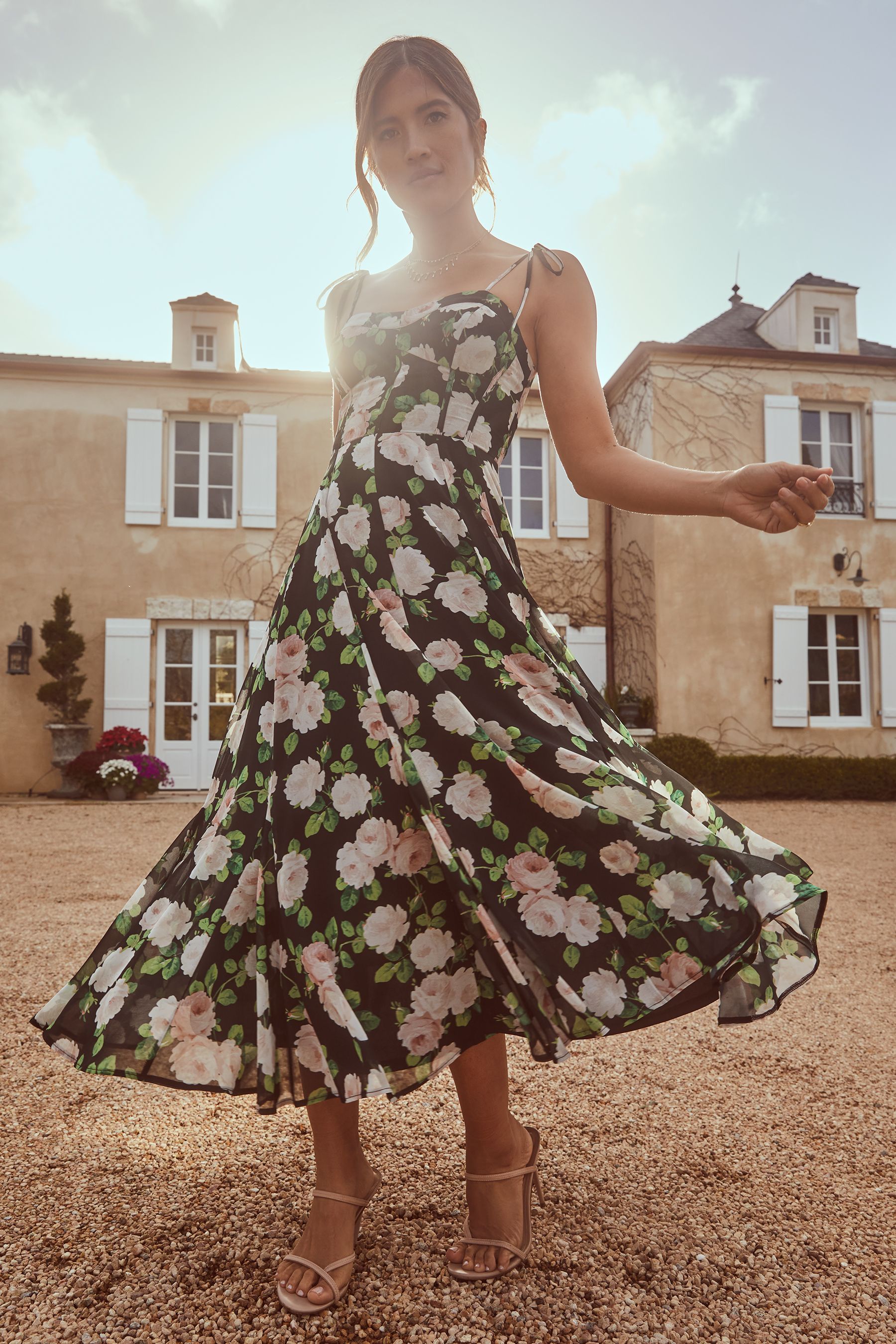 Buy Lipsy Black Floral Strappy Corset Midi Dress from Next Luxembourg