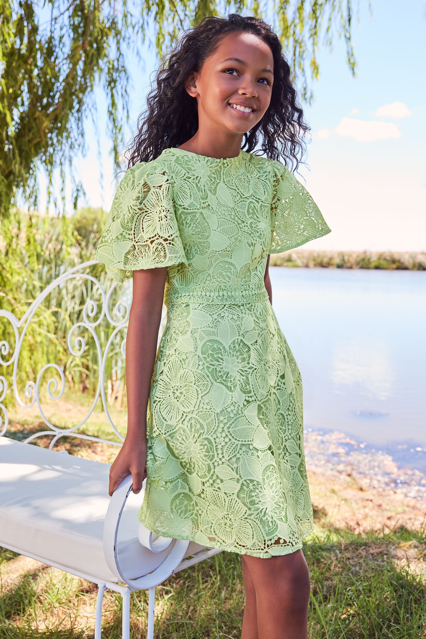 Buy Lipsy Green Flutter Sleeve Lace Occasion Dress from Next Luxembourg