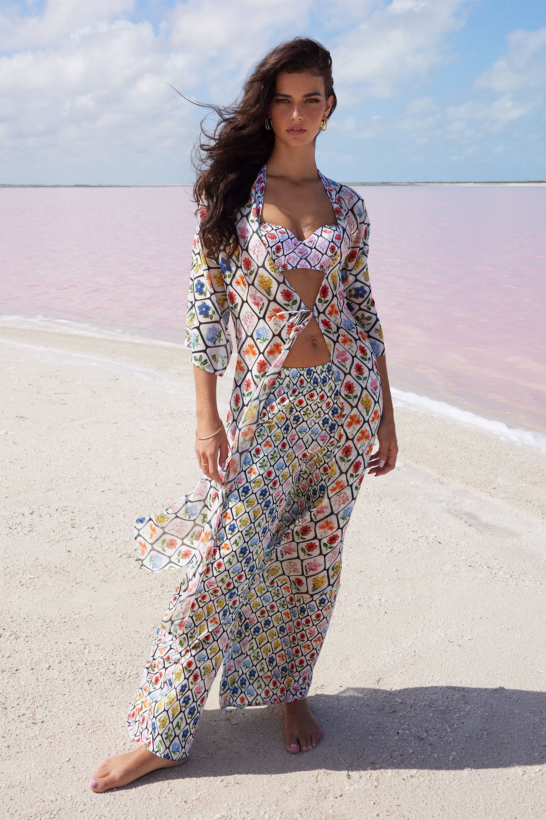 Buy Mary Katrantzou x Lipsy White Printed Tie Front Long Sleeve Maxi Cover Up from Next Luxembourg