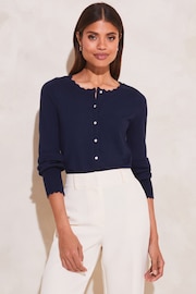 Lipsy Navy Blue Scallop Detail Crew Neck Button Through Cardigan - Image 1 of 4