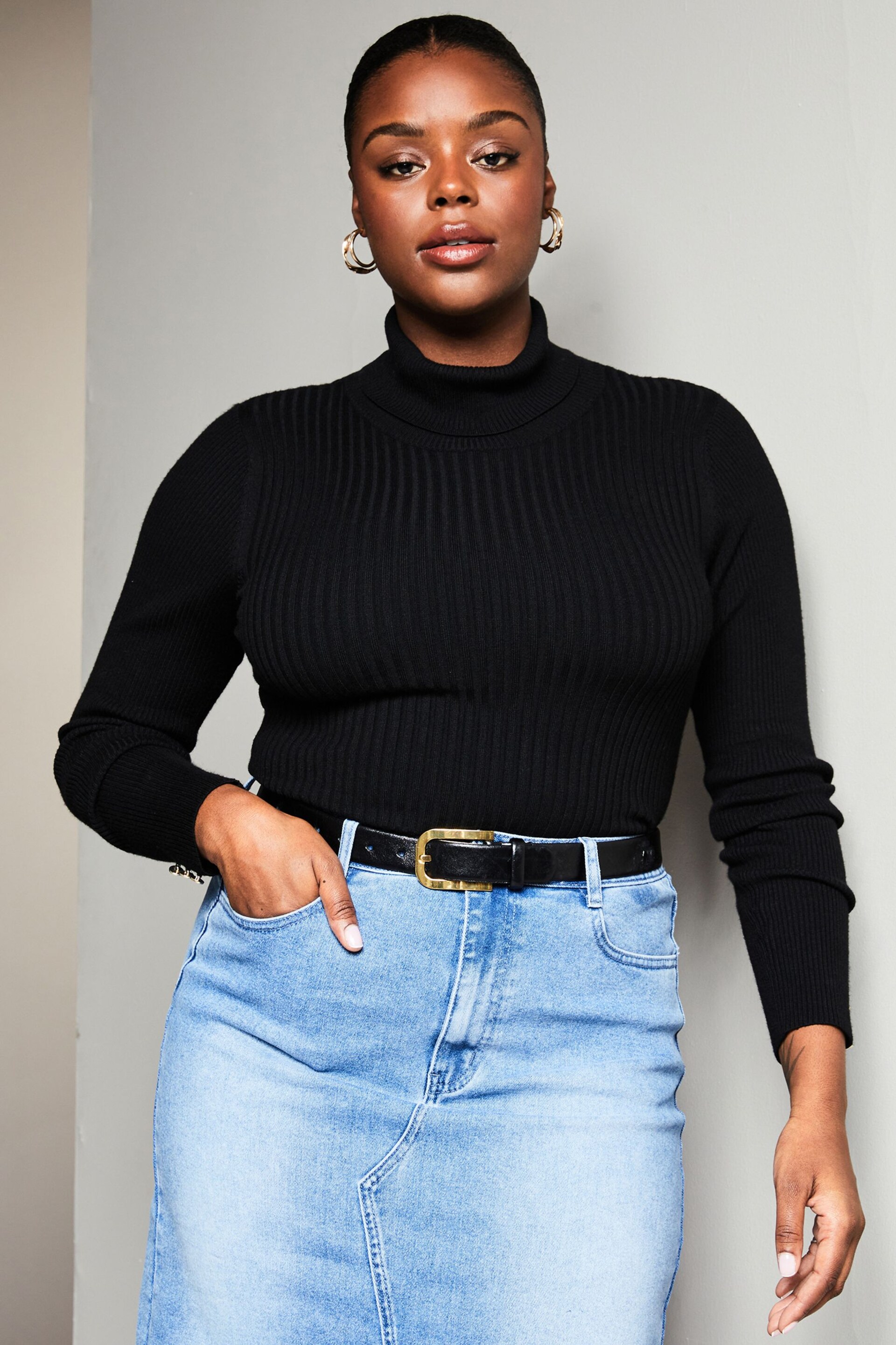 Lipsy Black Curve Knitted Roll Neck Ribbed Button Detail Long Sleeve Jumper - Image 1 of 4