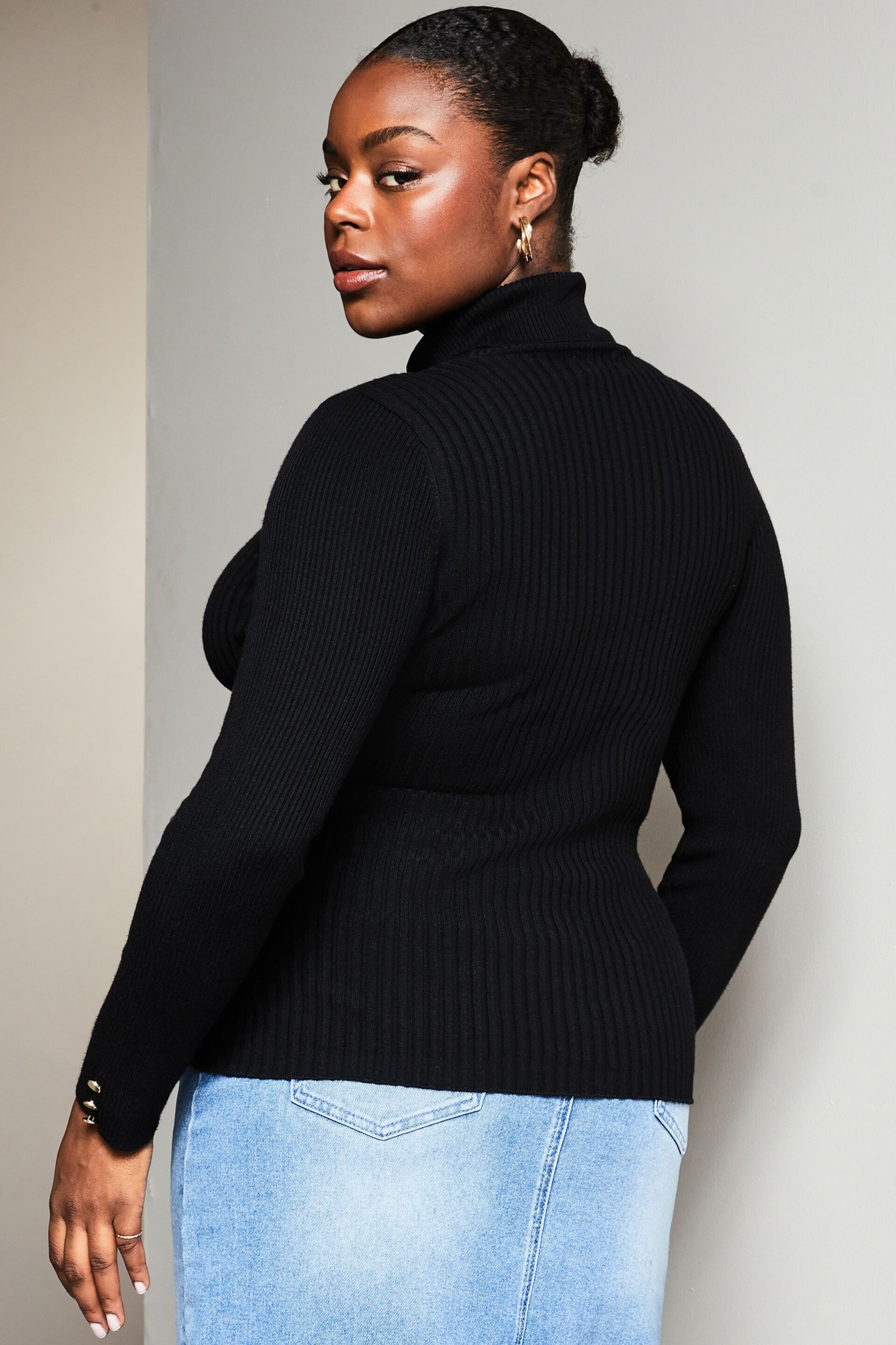 Lipsy Black Curve Knitted Roll Neck Ribbed Button Detail Long Sleeve Jumper - Image 2 of 4