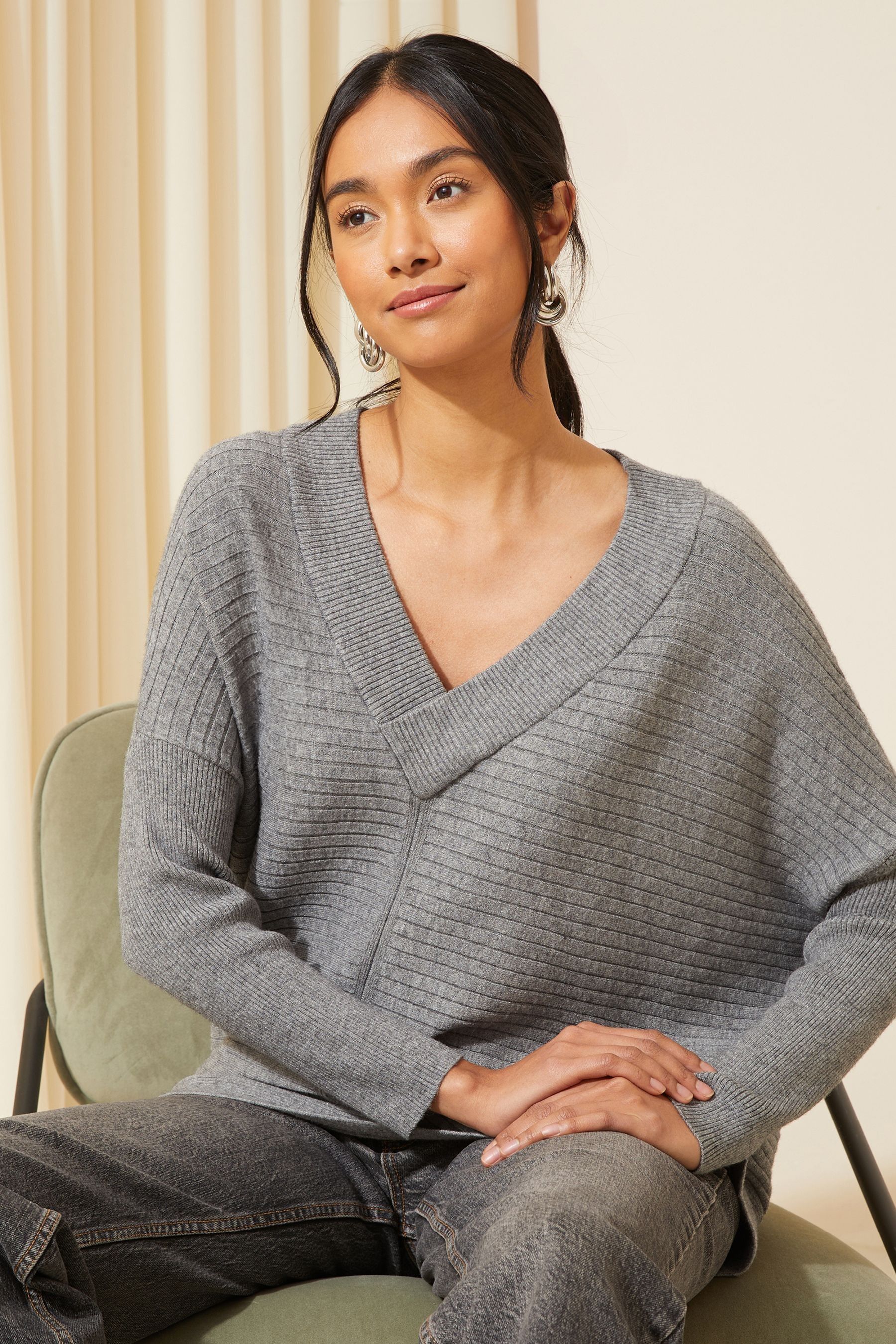 Buy Friends Like These Grey V Neck Tunic Knitted Jumper from Next Luxembourg