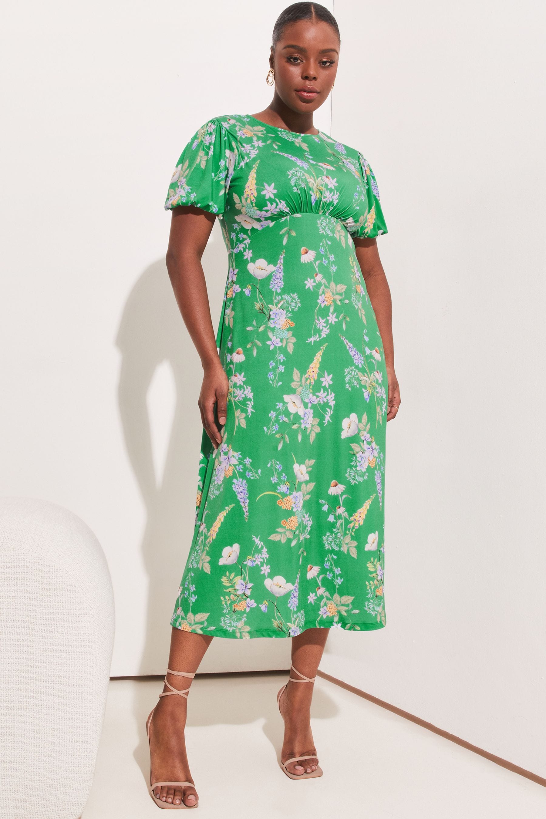 Buy Lipsy Green Floral Curve Jersey PUff Short Sleeve Underbust Summer Midi Dress from Next Luxembourg