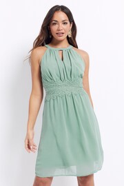 VILA Sage Green Halter Neck Tulle Fit And Flare Dress - Image 1 of 5