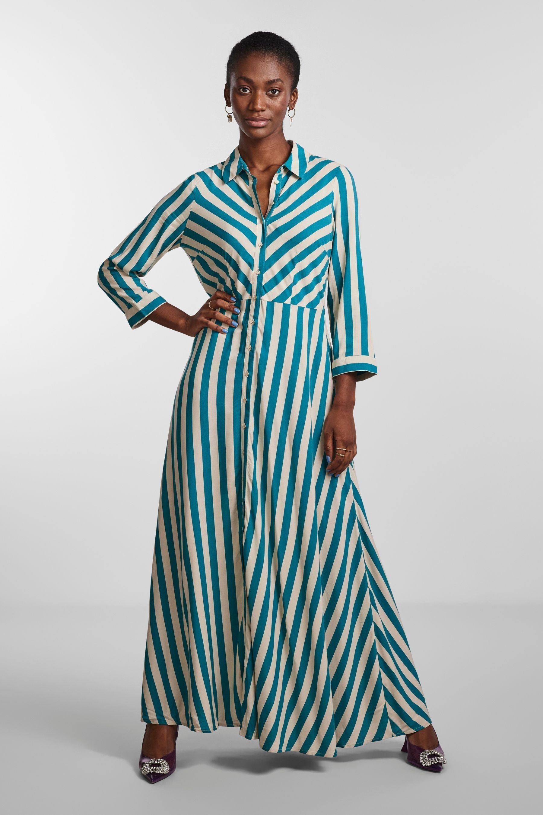 Buy Y.A.S Green White Stripe Maxi Length Shirt Dress from Next Luxembourg