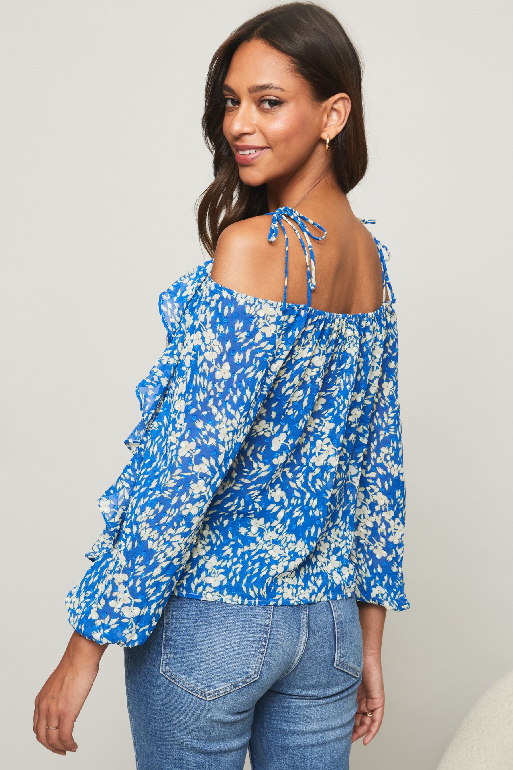 Ruffle cold shoulder sweater hotsell