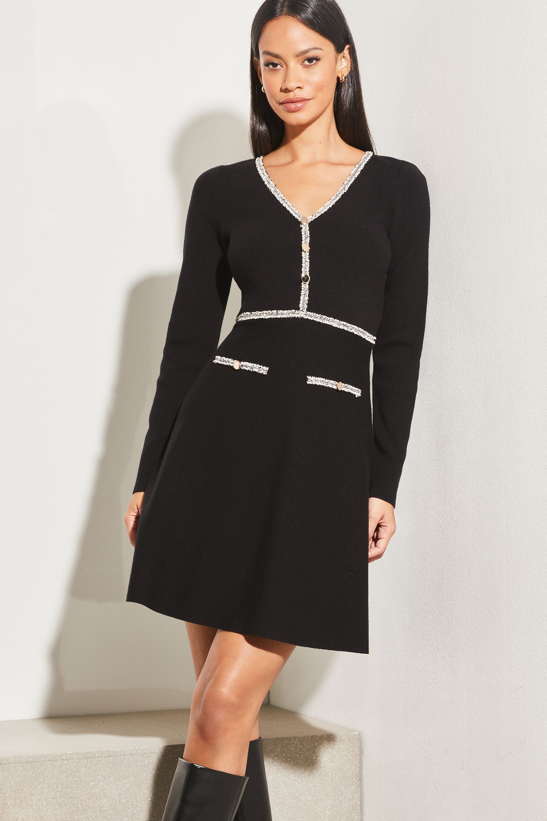 Buy Lipsy Black Boucle Trim Tipped Knitted V Neck Long Sleeve Fit and Flare Dress from Next Luxembourg