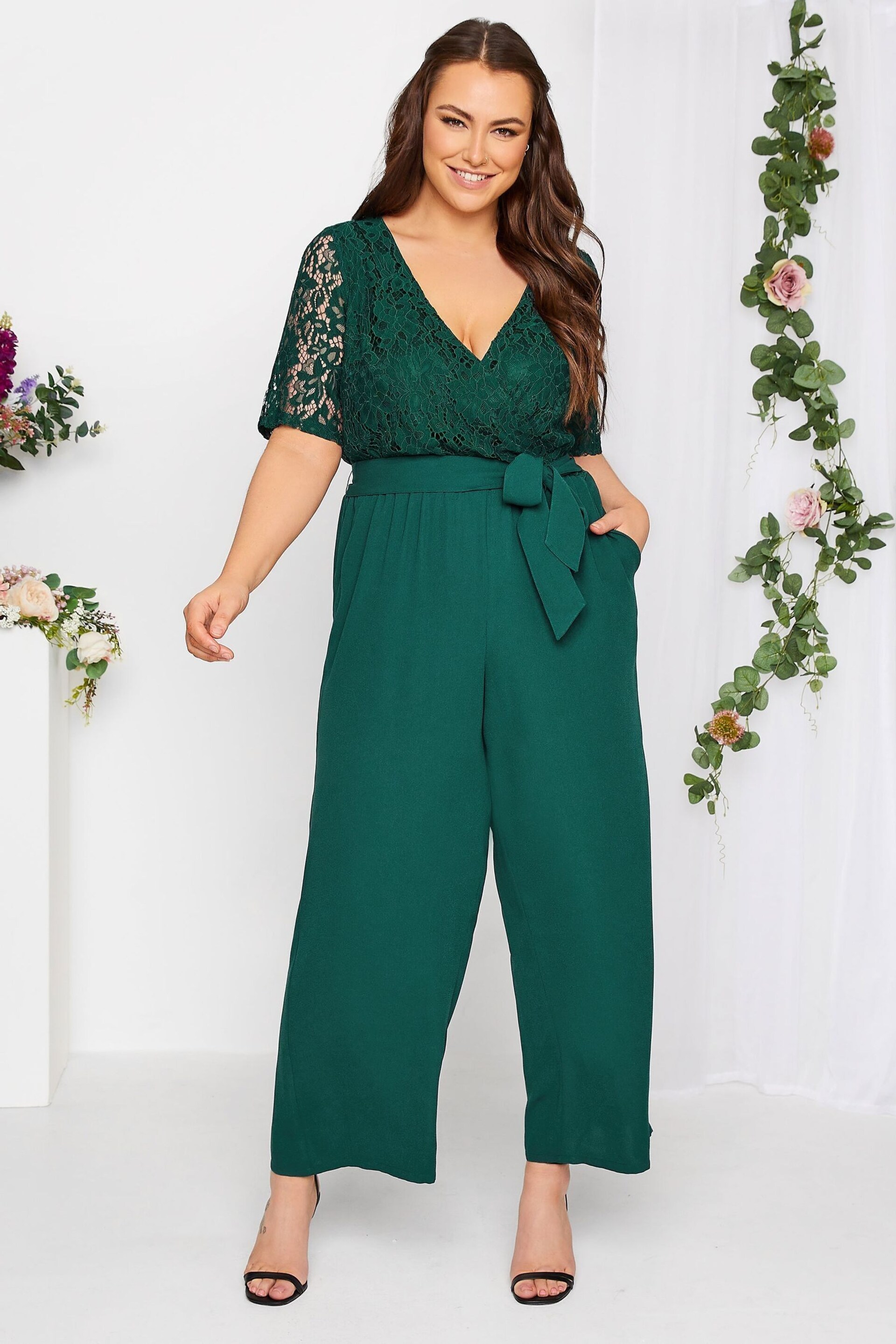 Yours Curve Green London Occasion Lace Wrap Jumpsuit - Image 1 of 4