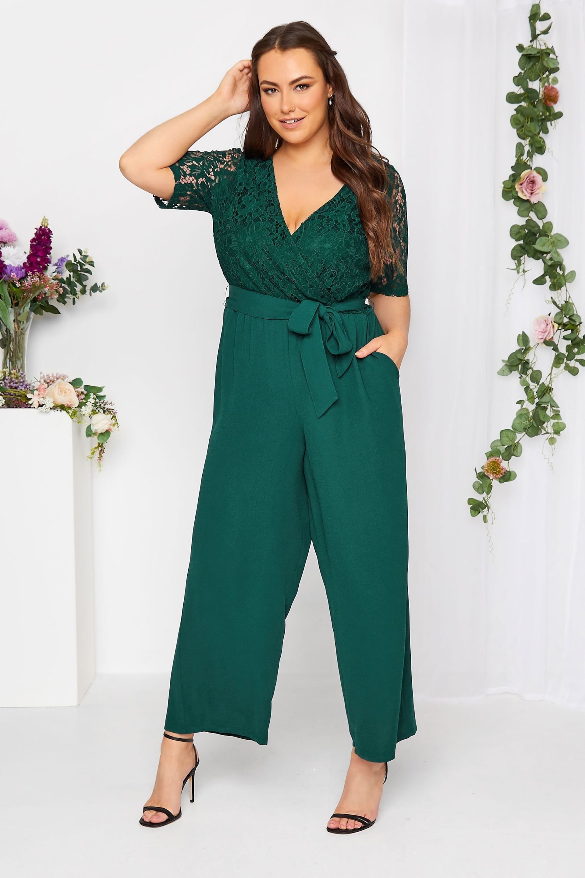 Yours Curve Green London Occasion Lace Wrap Jumpsuit - Image 2 of 4