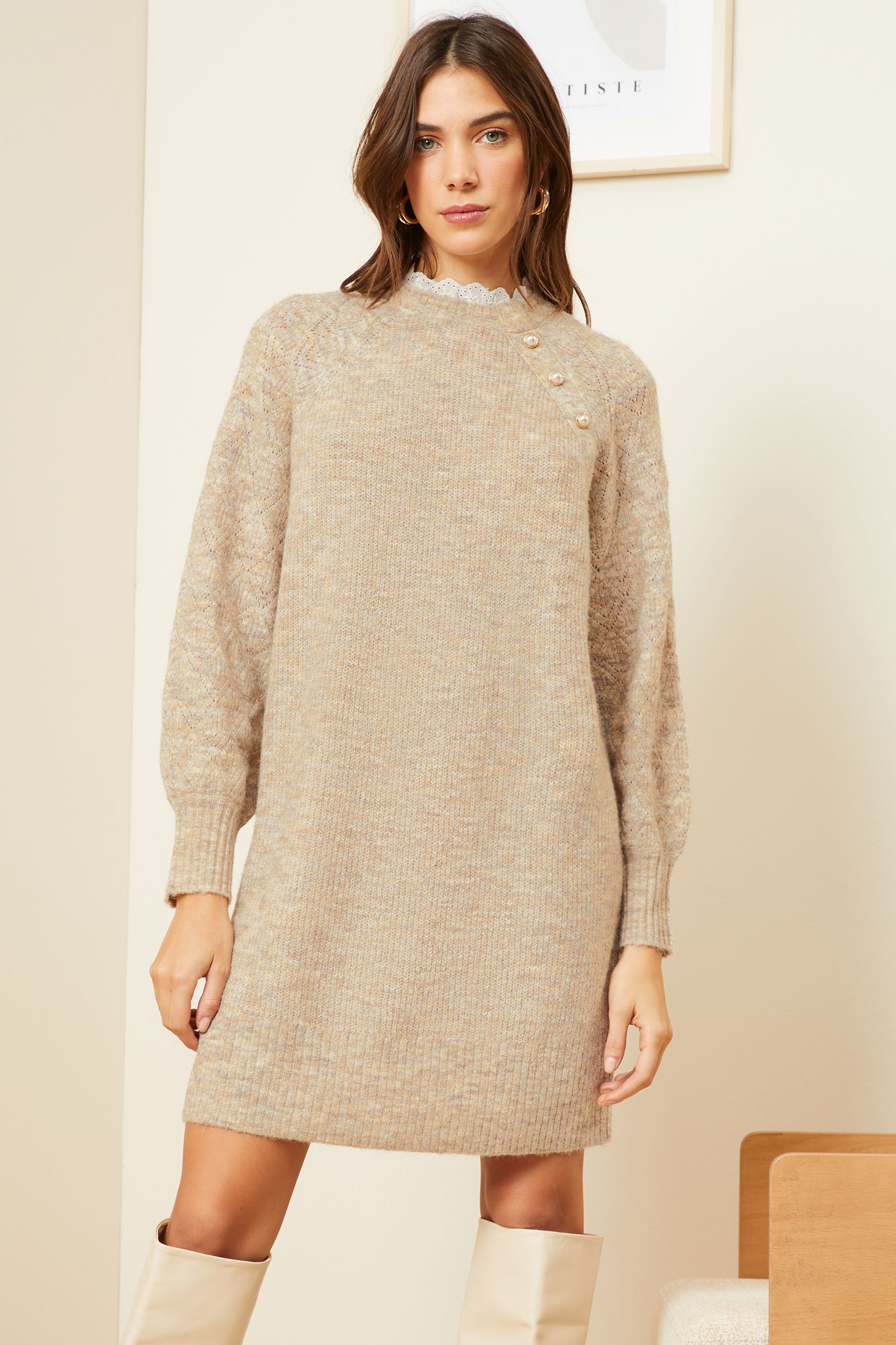 Buy Love Roses Camel Cosy Recycled Button Jumper Dress from Next Latvia