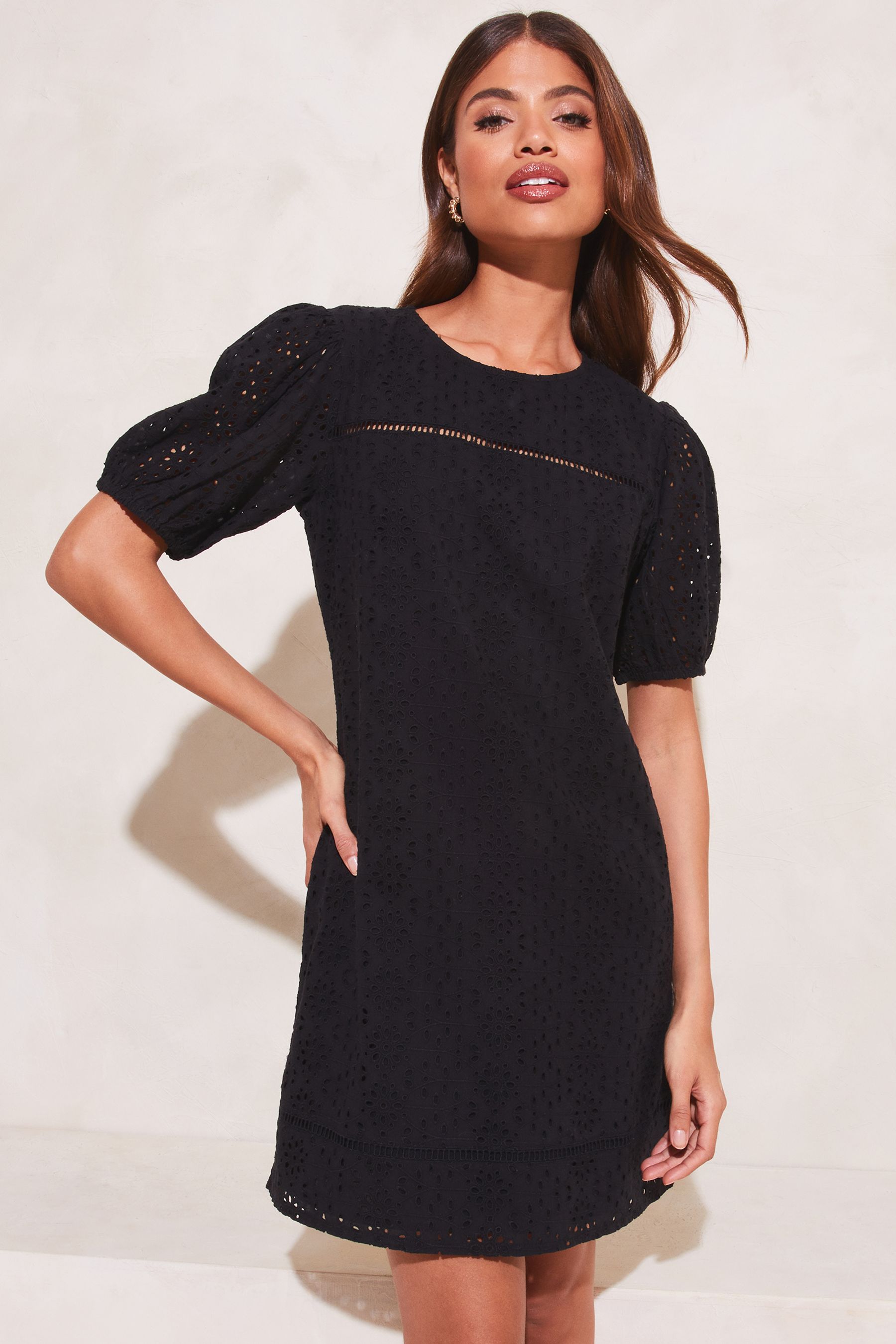 Buy Lipsy Black Broderie Puff Sleeve Shift Dress from Next Luxembourg