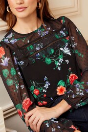 Love & Roses Black Floral Long Sleeve Dobby Mix Jersey Blouse - Image 2 of 4