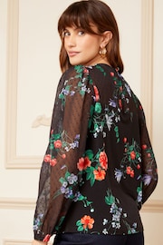 Love & Roses Black Floral Long Sleeve Dobby Mix Jersey Blouse - Image 3 of 4