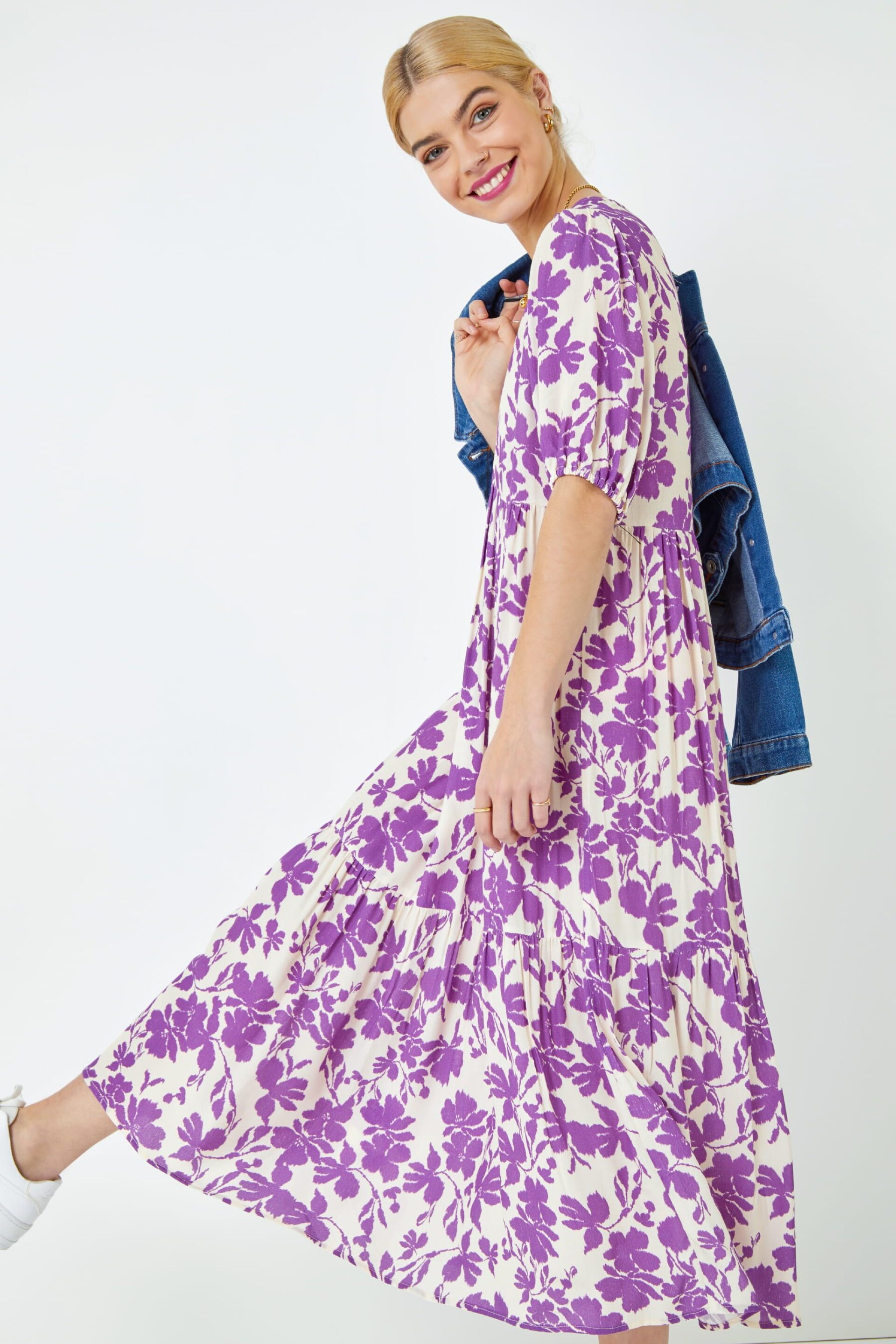 Dusk Purple & White Floral Tiered Midi Smock Dress - Image 2 of 5