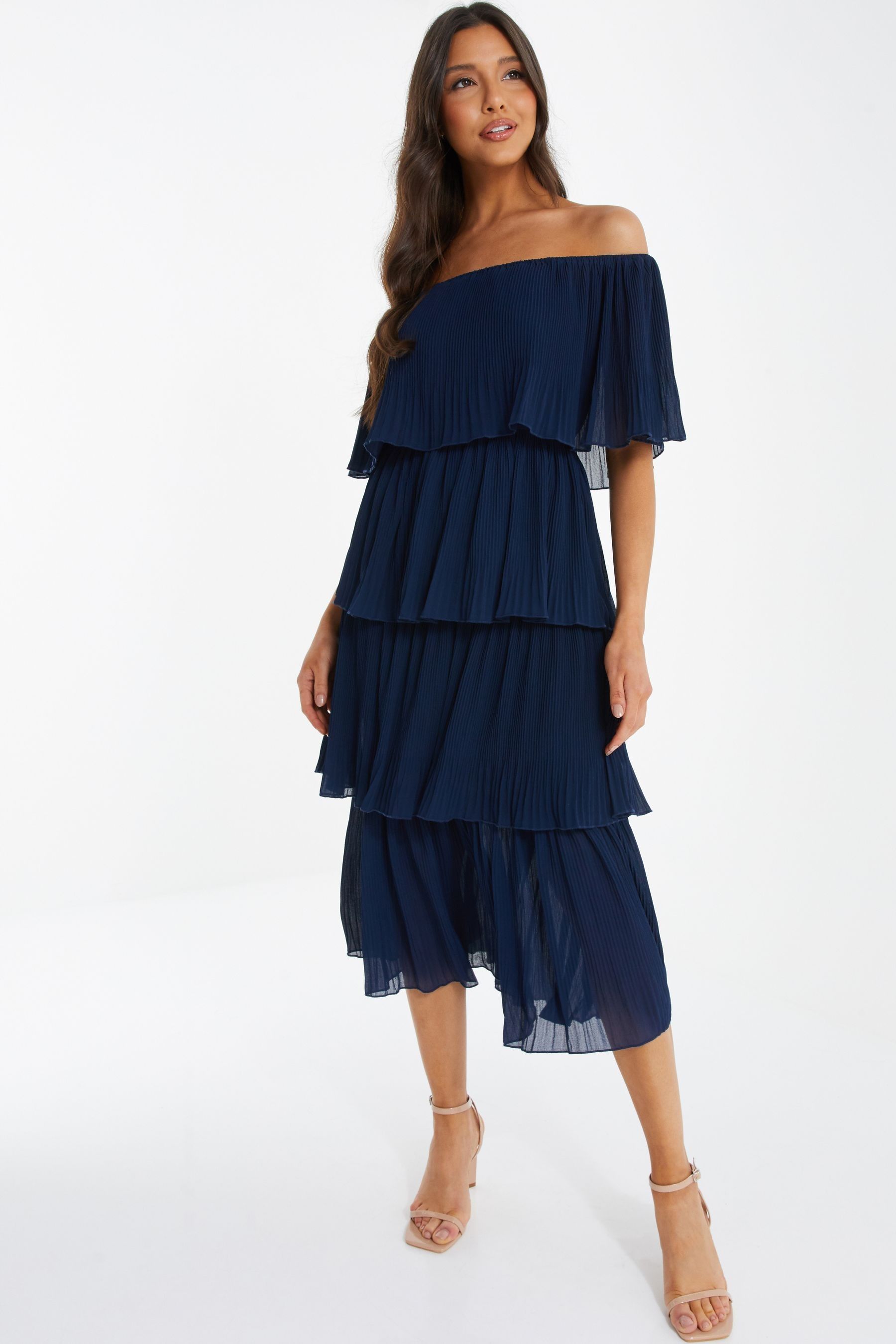 Buy Quiz Navy Blue Bardot Pleated Tiered Midaxi Dress from Next Luxembourg