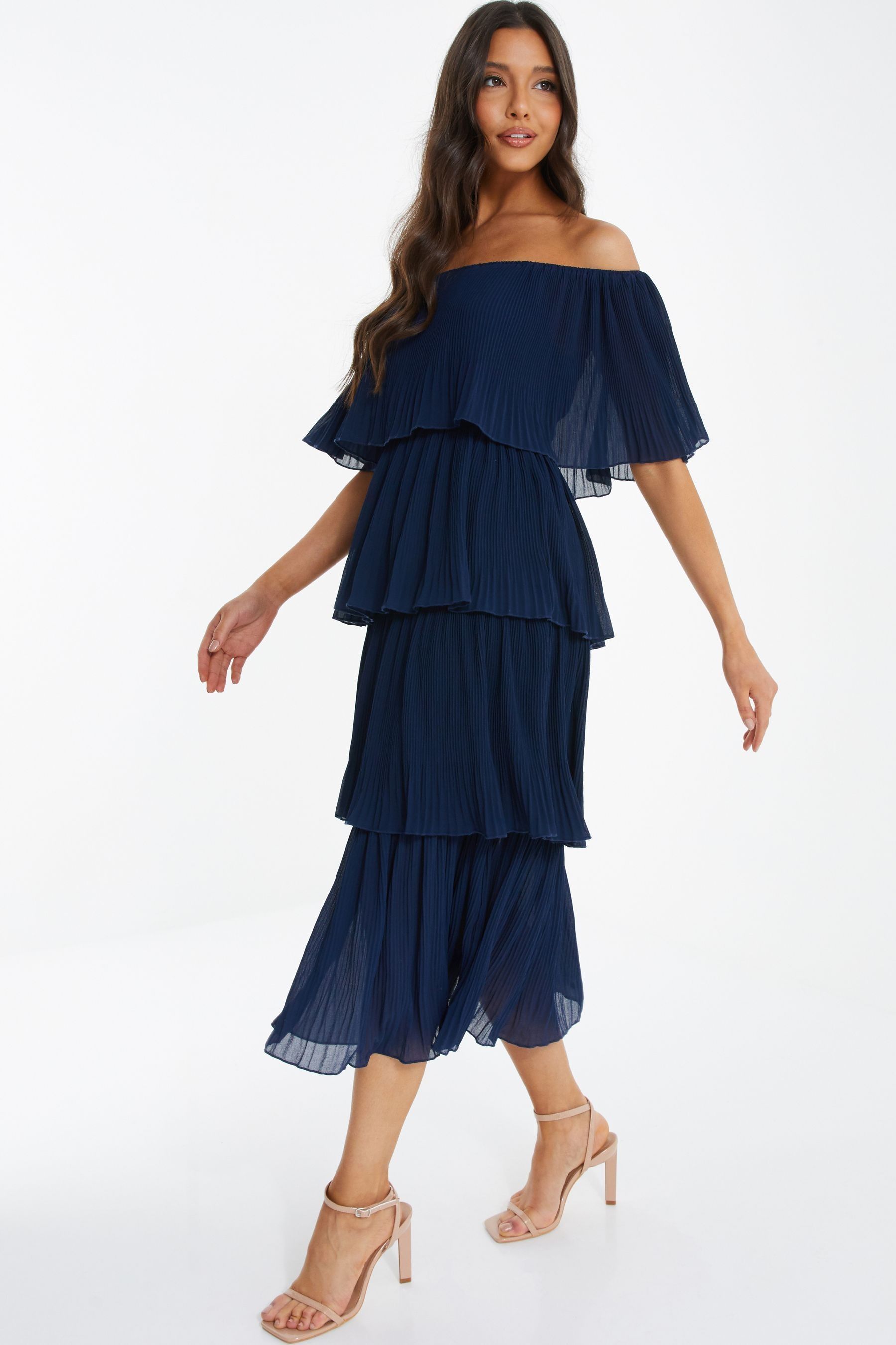 Quiz navy and cream bardot dress outlet