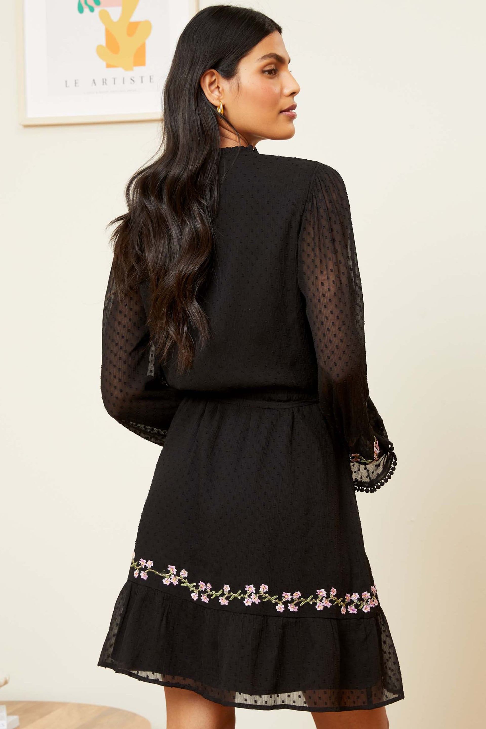 Love & Roses Black Embroidery Chiffon V Neck Elasticated Sleeve Belted Mini Dress - Image 3 of 4