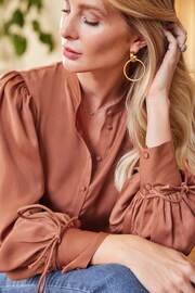 Friends Like These Rust Brown Petite Tie Cuff Puff Sleeve Button Through Blouse - Image 3 of 4