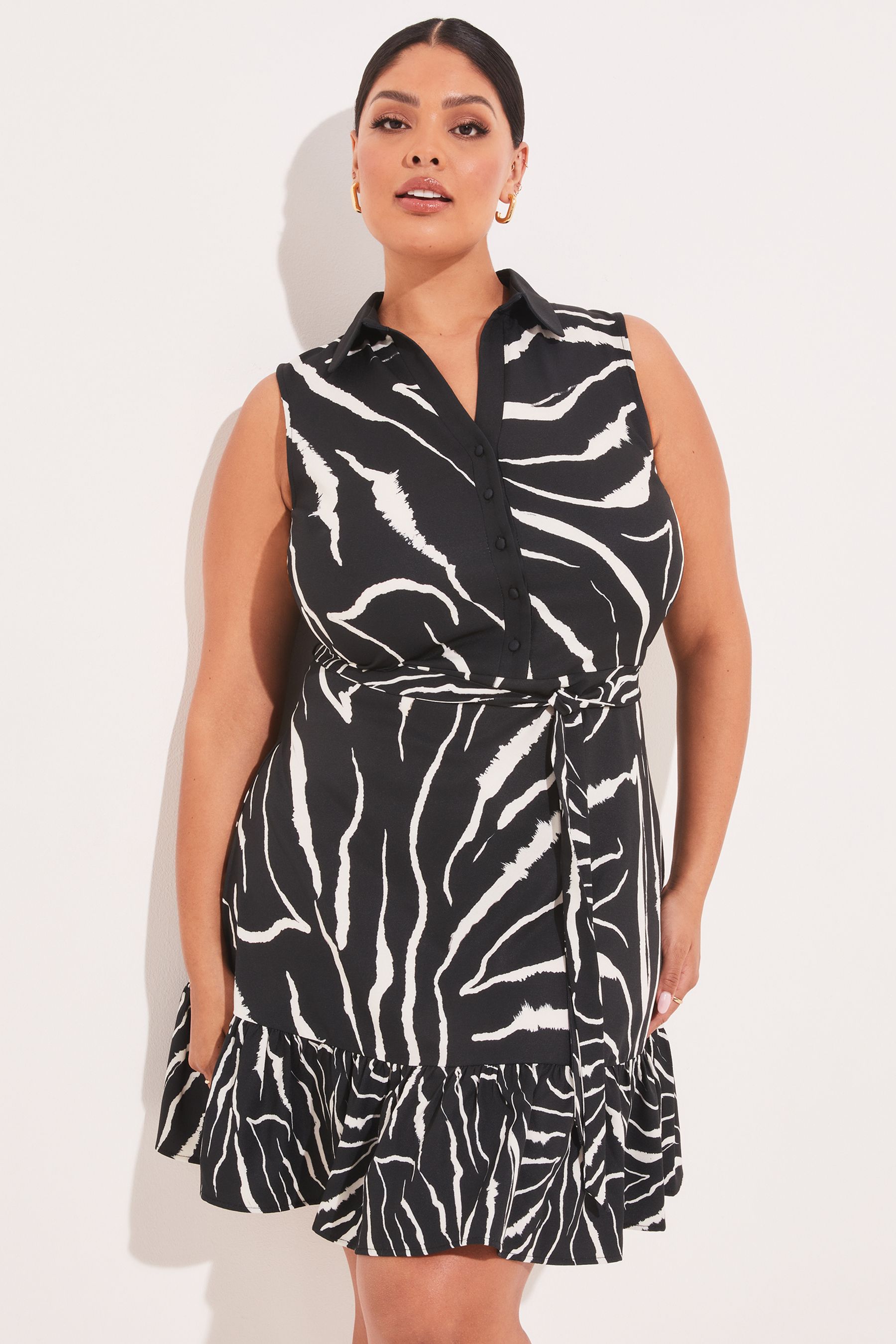 Buy Lipsy Black White Animal Curve Sleeveless Tiered Belted Shirt Dress from Next Luxembourg