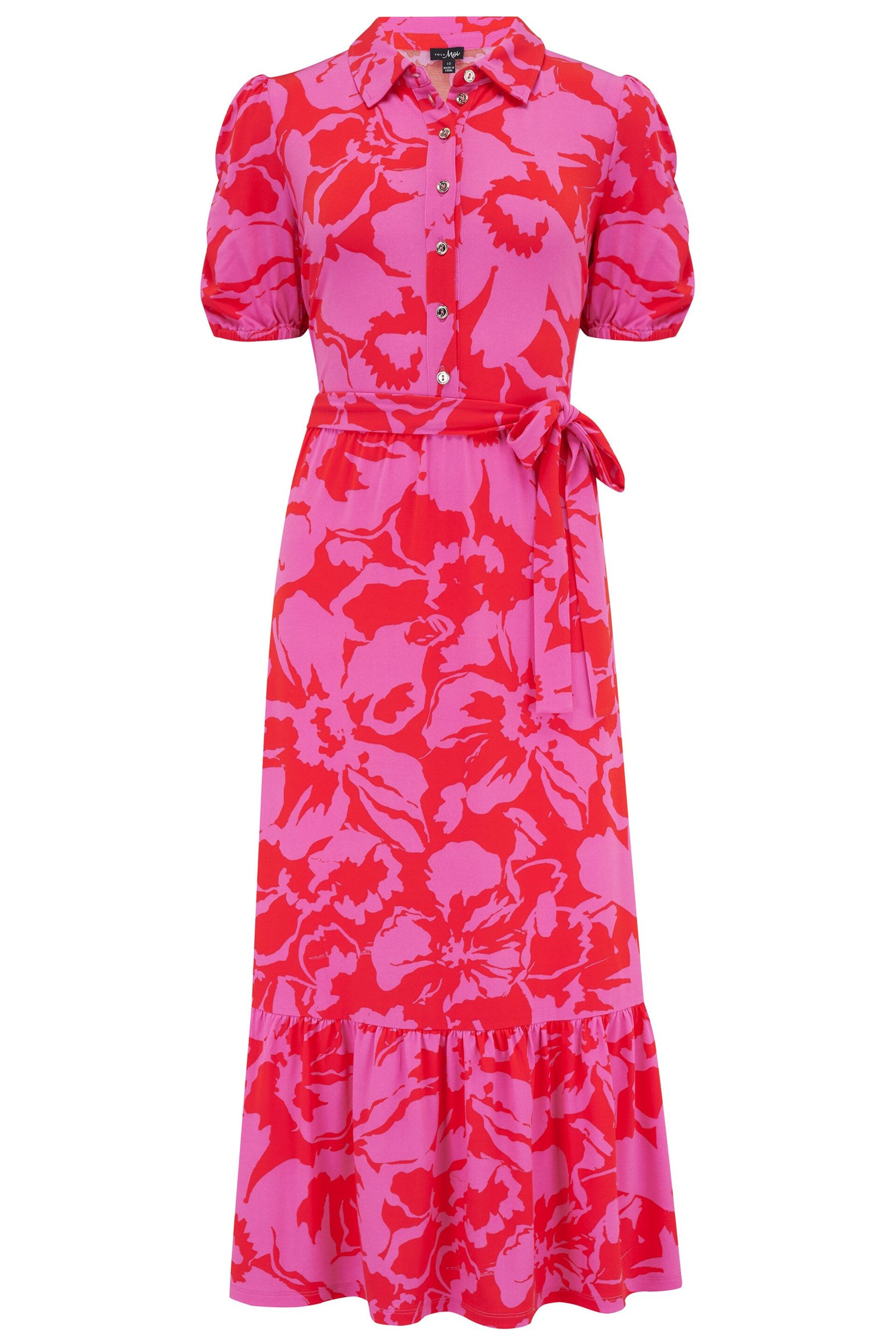 Pour Moi Red/ Pink Jodie Slinky Recycled Jersey Tiered Shirt Dress - Image 4 of 5