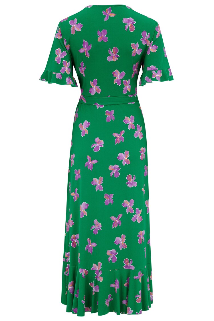 Pour Moi Green Floral Print Megan Slinky Recycled Stretch Frill Detail Midi Wrap Dress - Image 5 of 5