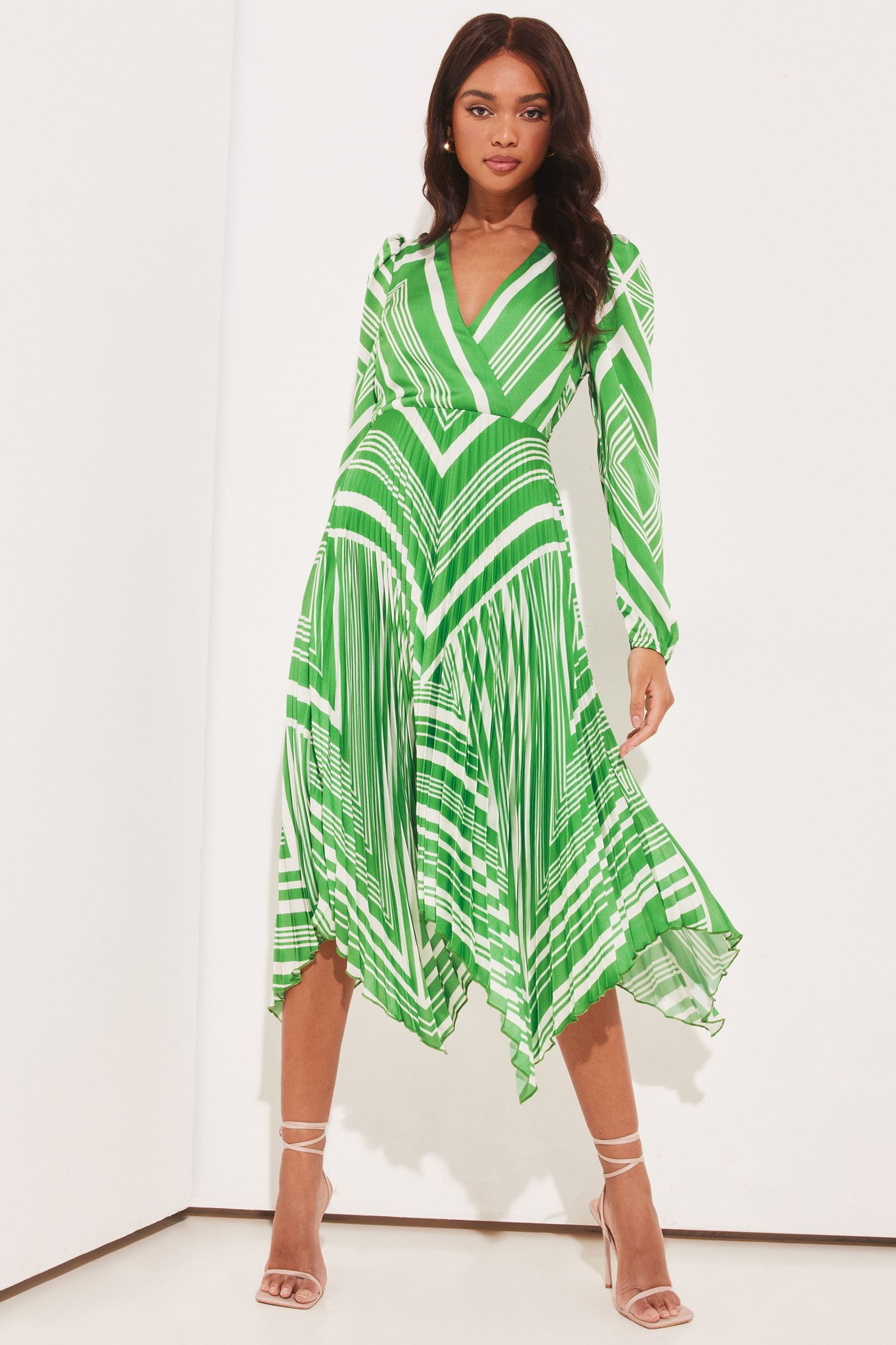 Buy Lipsy Green stripe Petite Long Sleeve Pleated Wrap Midi Dress from Next Luxembourg