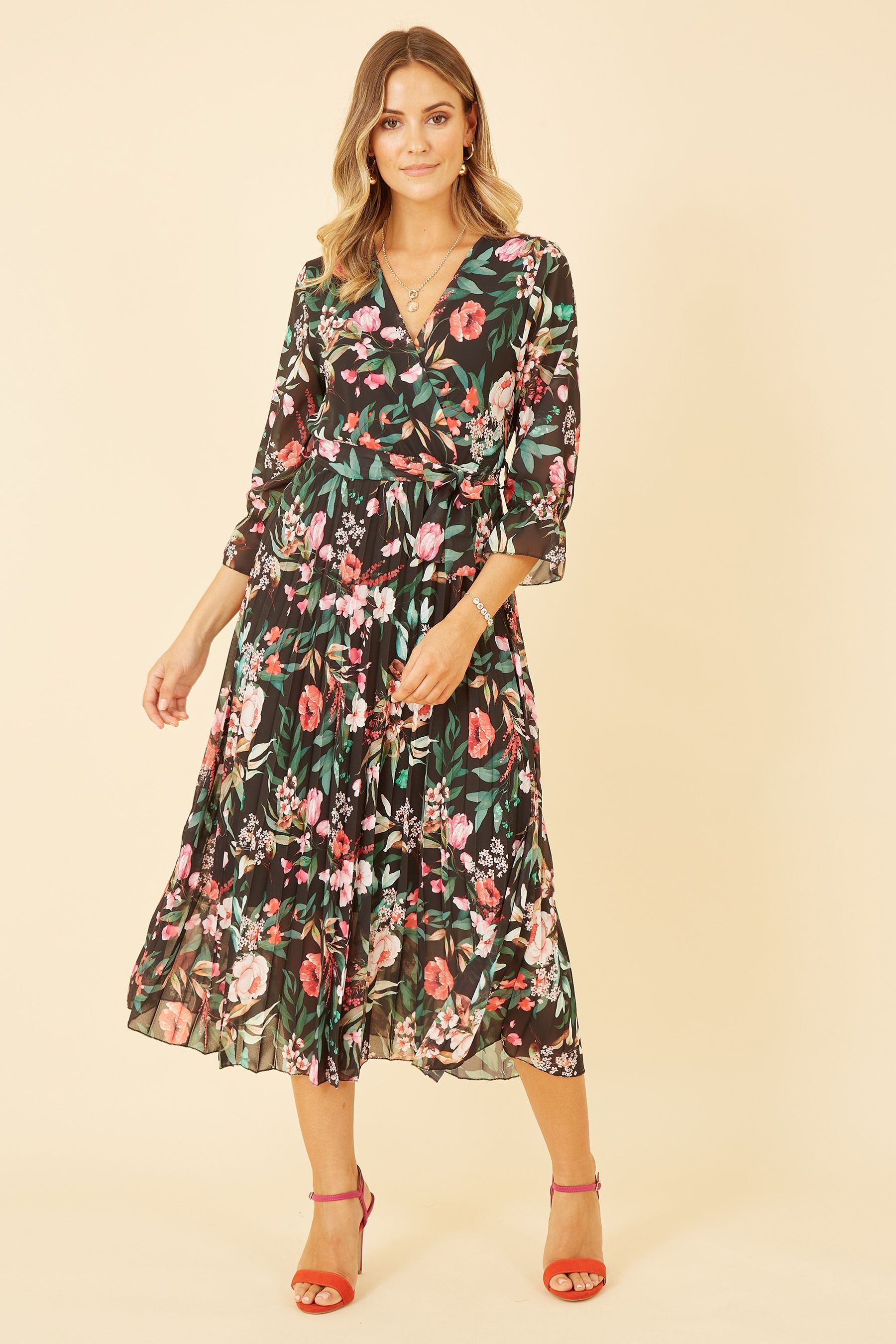 Buy Yumi Black Multi Floral Print Midi Wrap Dress With Pleated Skirt from Next Luxembourg