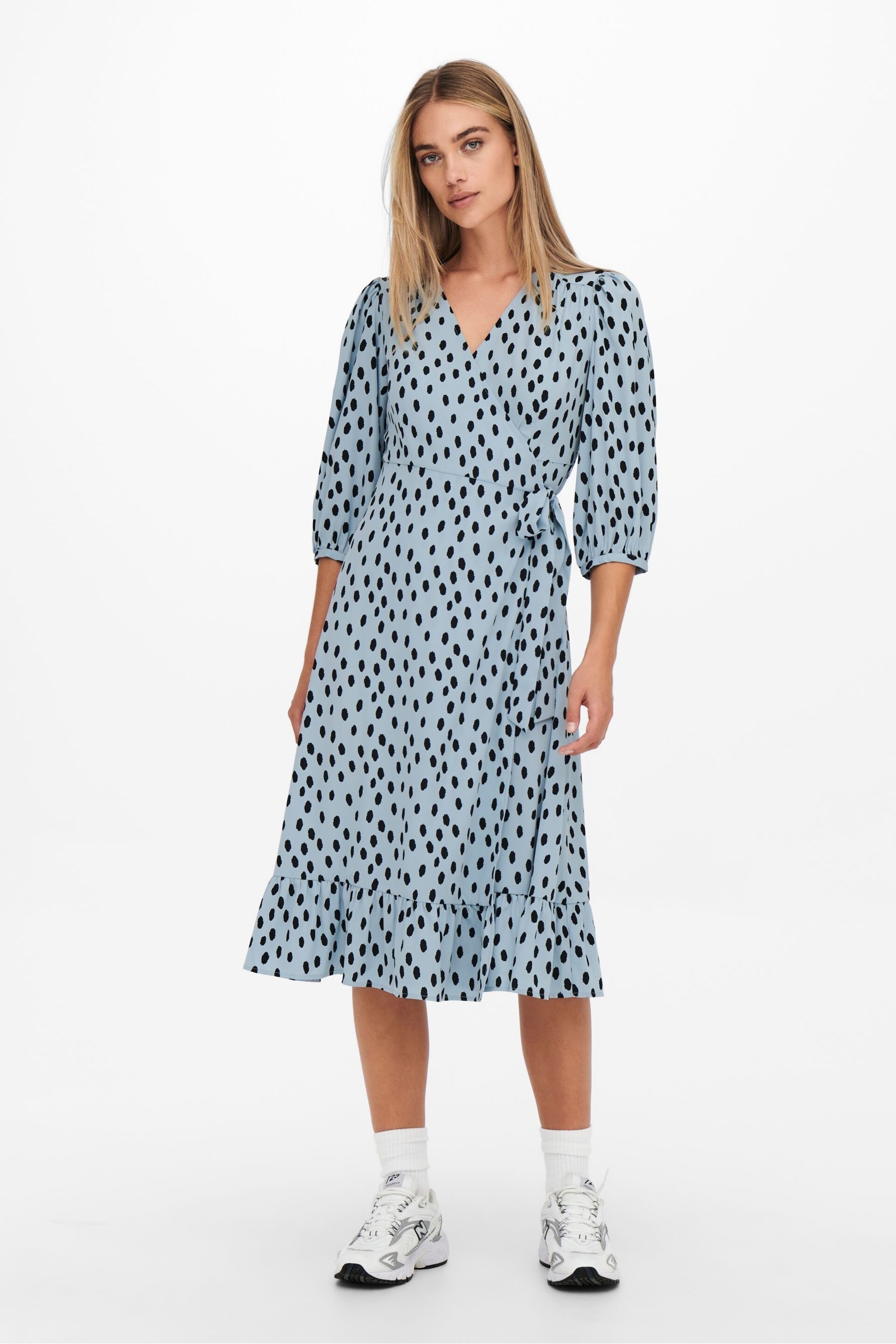 ONLY Blue Polka Dot Long Sleeve Wrap Midi Dress - Image 2 of 5