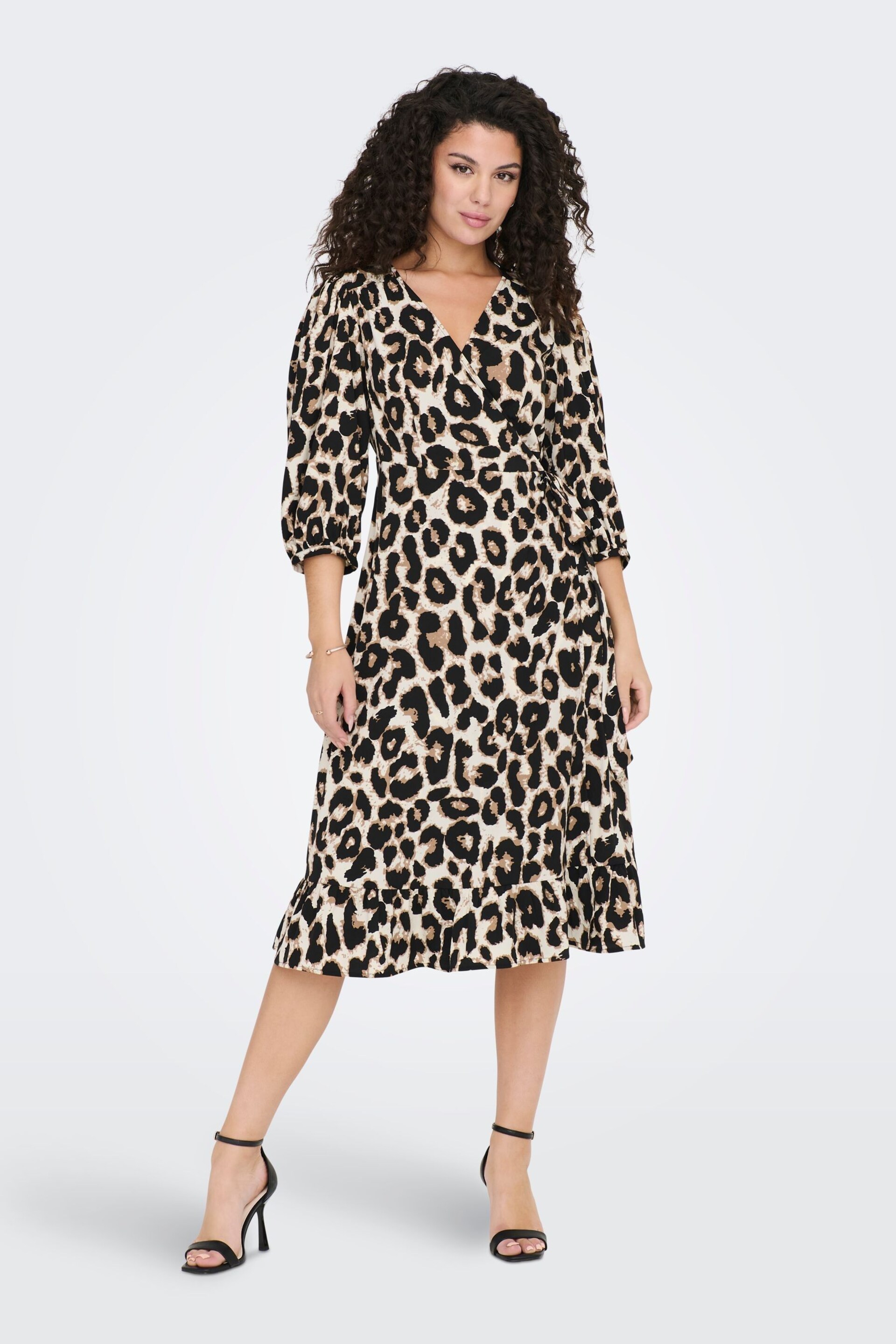 ONLY Leopard Print Long Sleeve Wrap Midi Dress - Image 1 of 5