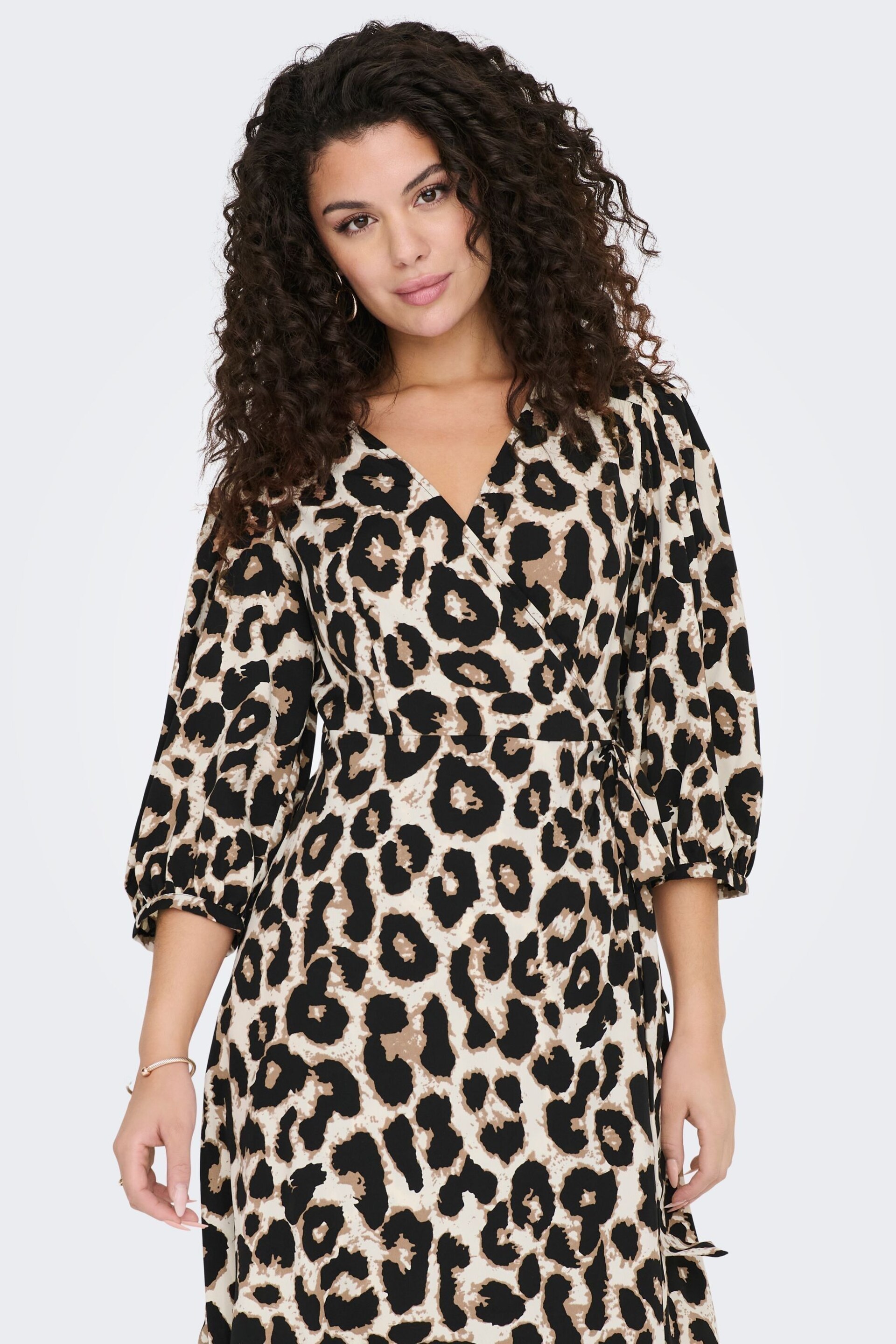 ONLY Leopard Print Long Sleeve Wrap Midi Dress - Image 2 of 5