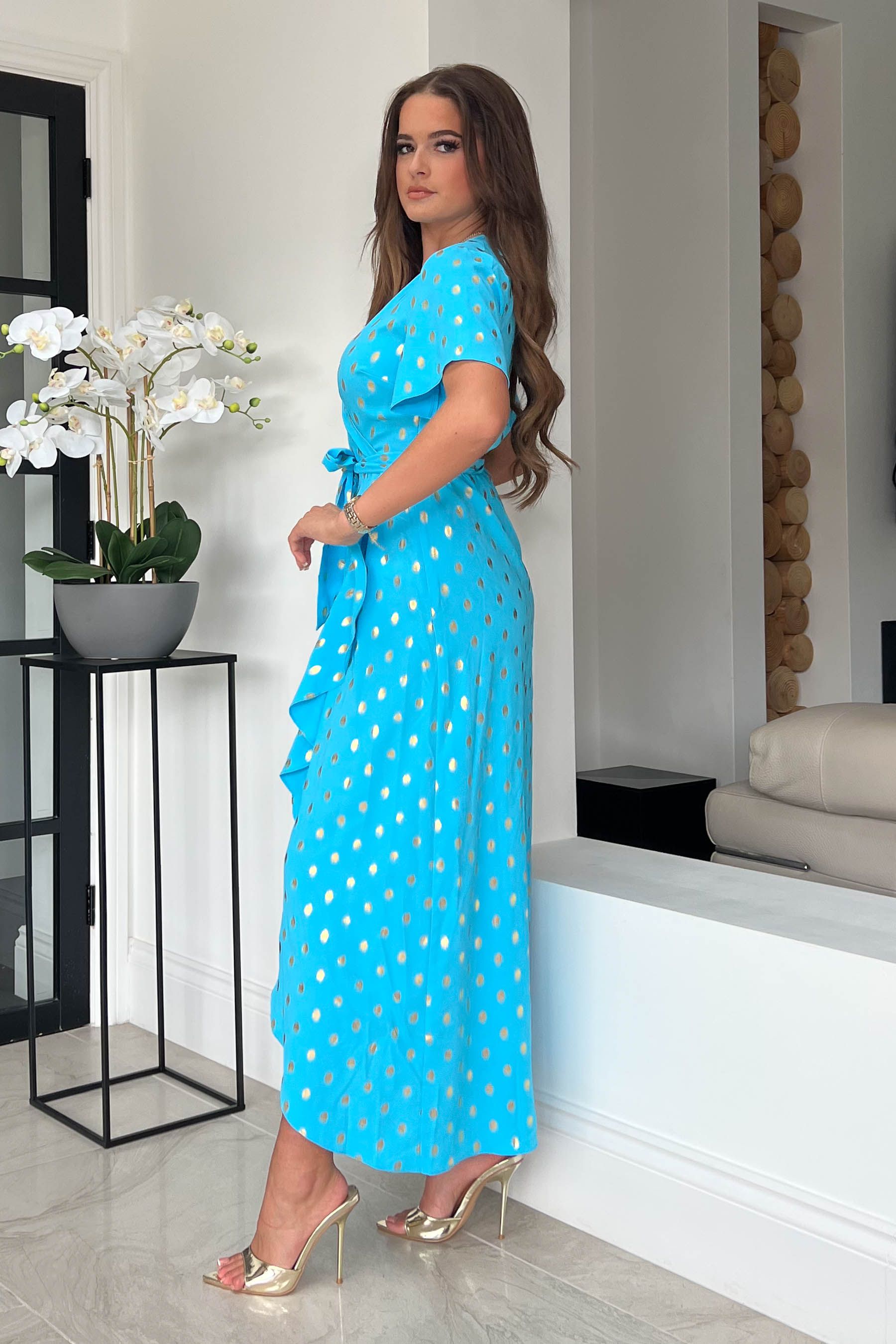 Buy Girl In Mind Cyan Blue Metallic Spot Petite Farren Wrap Maxi Dress from Next Luxembourg