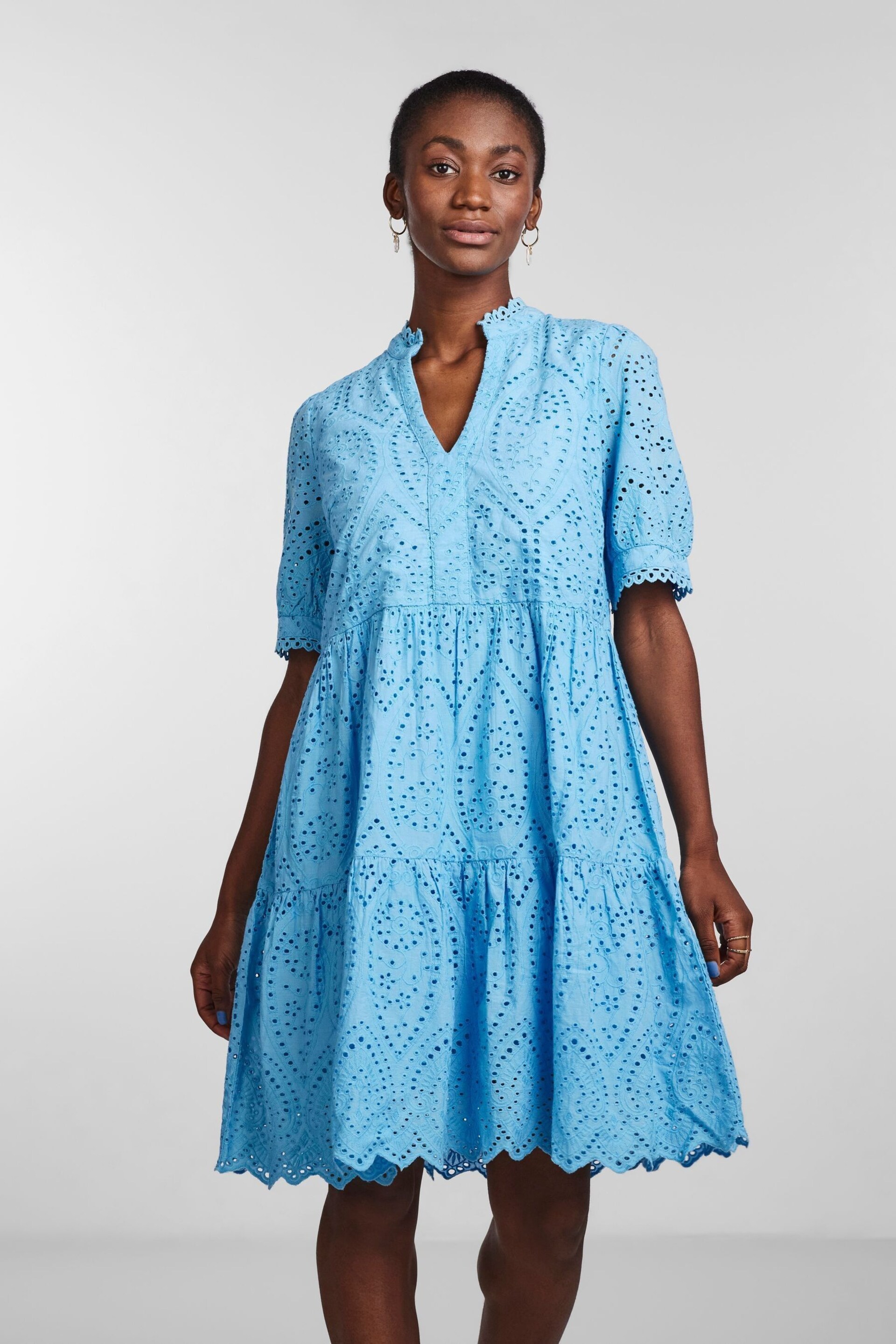 Y.A.S Blue Short Sleeve Broiderie Tiered Dress - Image 1 of 5