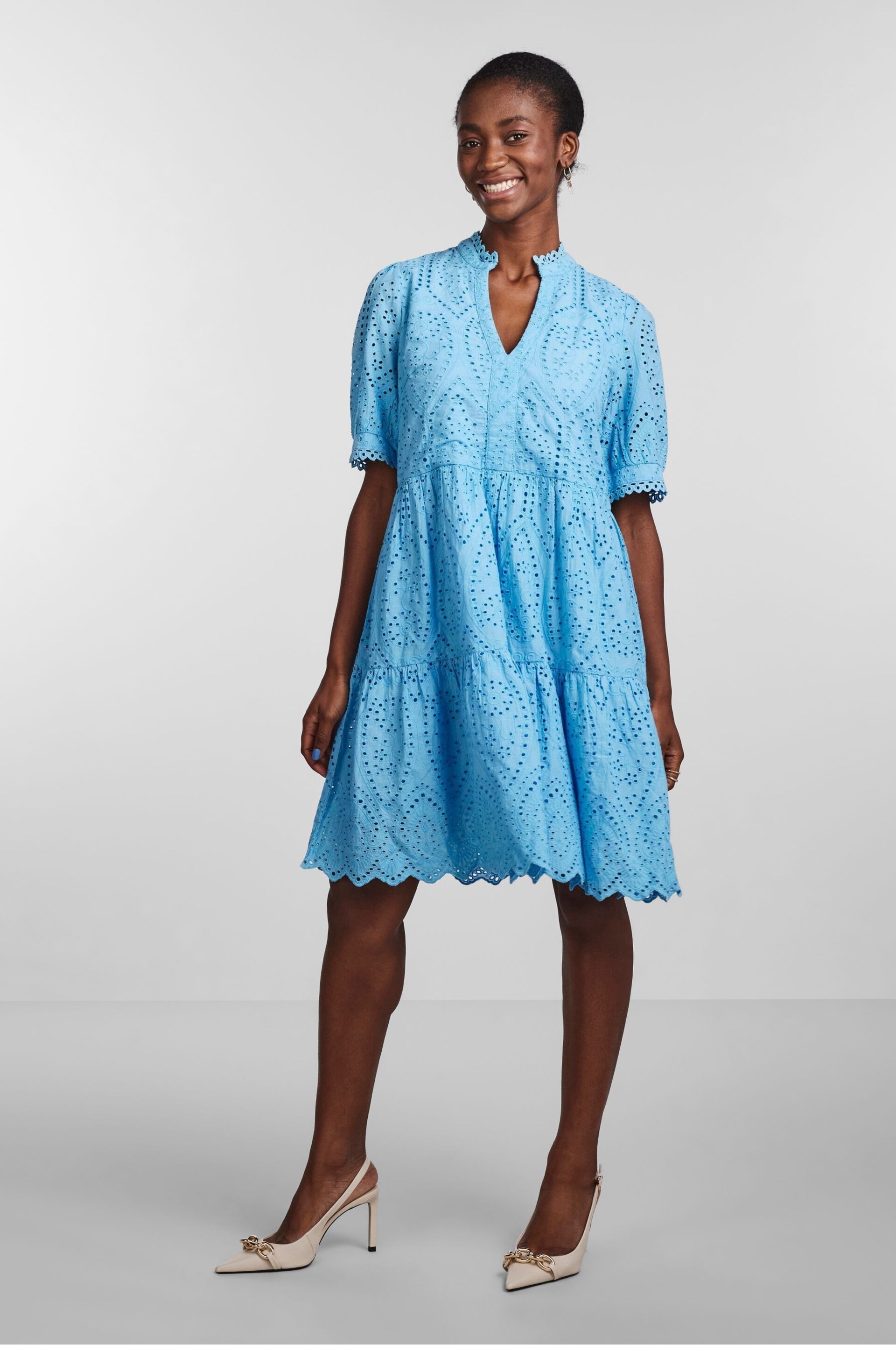 Y.A.S Blue Short Sleeve Broiderie Tiered Dress - Image 2 of 5