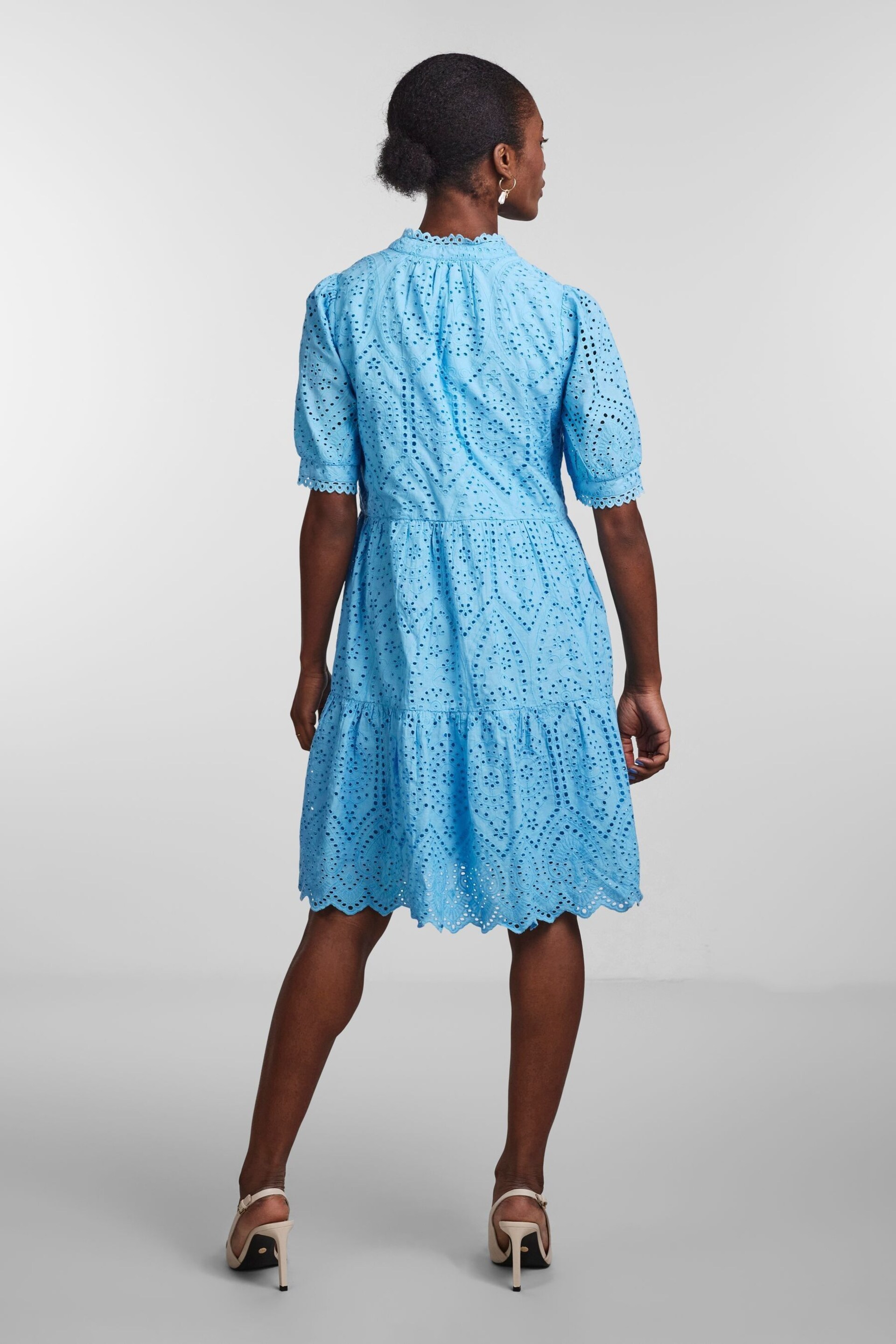 Y.A.S Blue Short Sleeve Broiderie Tiered Dress - Image 3 of 5