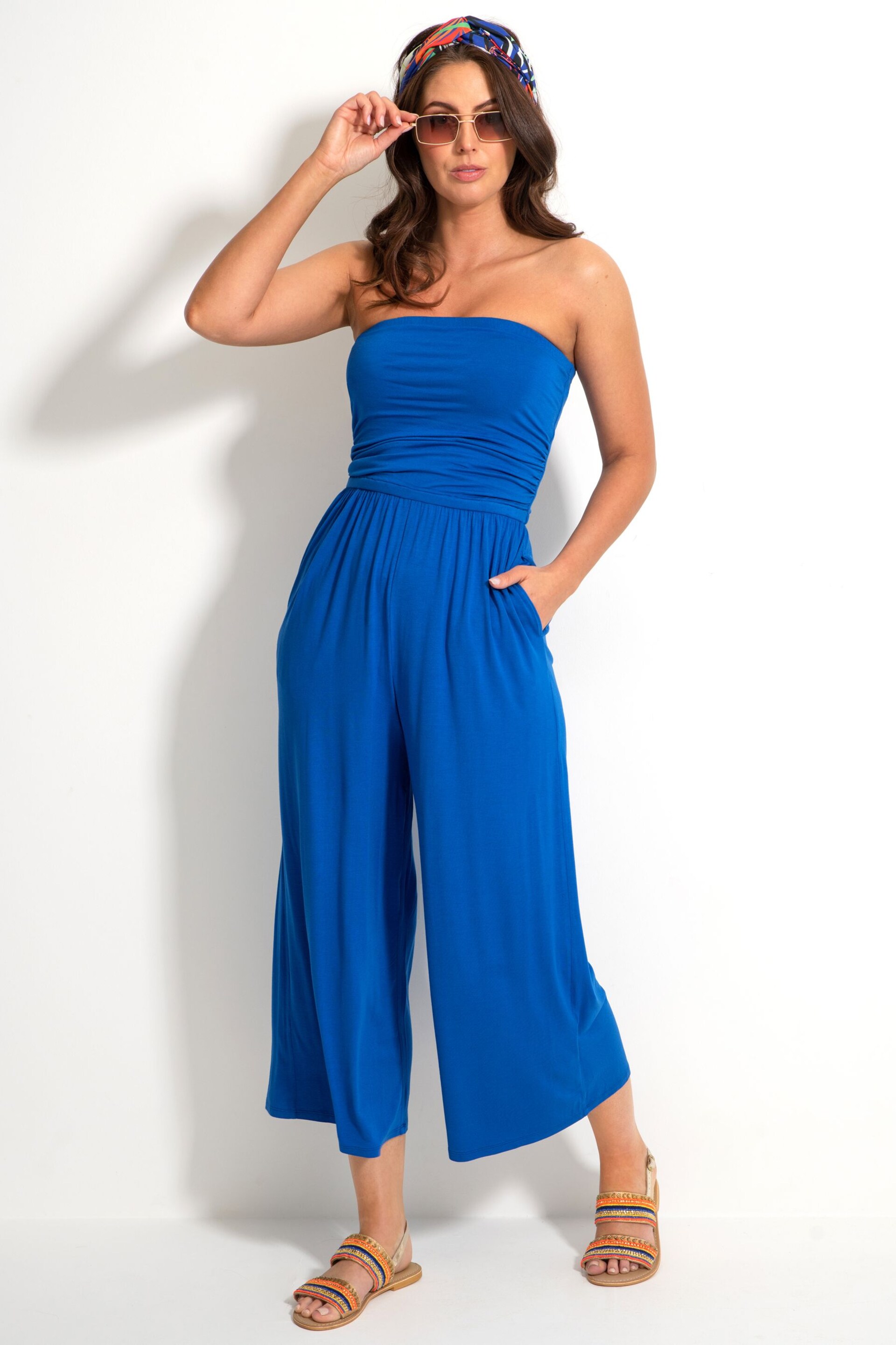 Pour Moi Blue Jersey Bandeau Cropped Leg Jumpsuit - Image 1 of 5