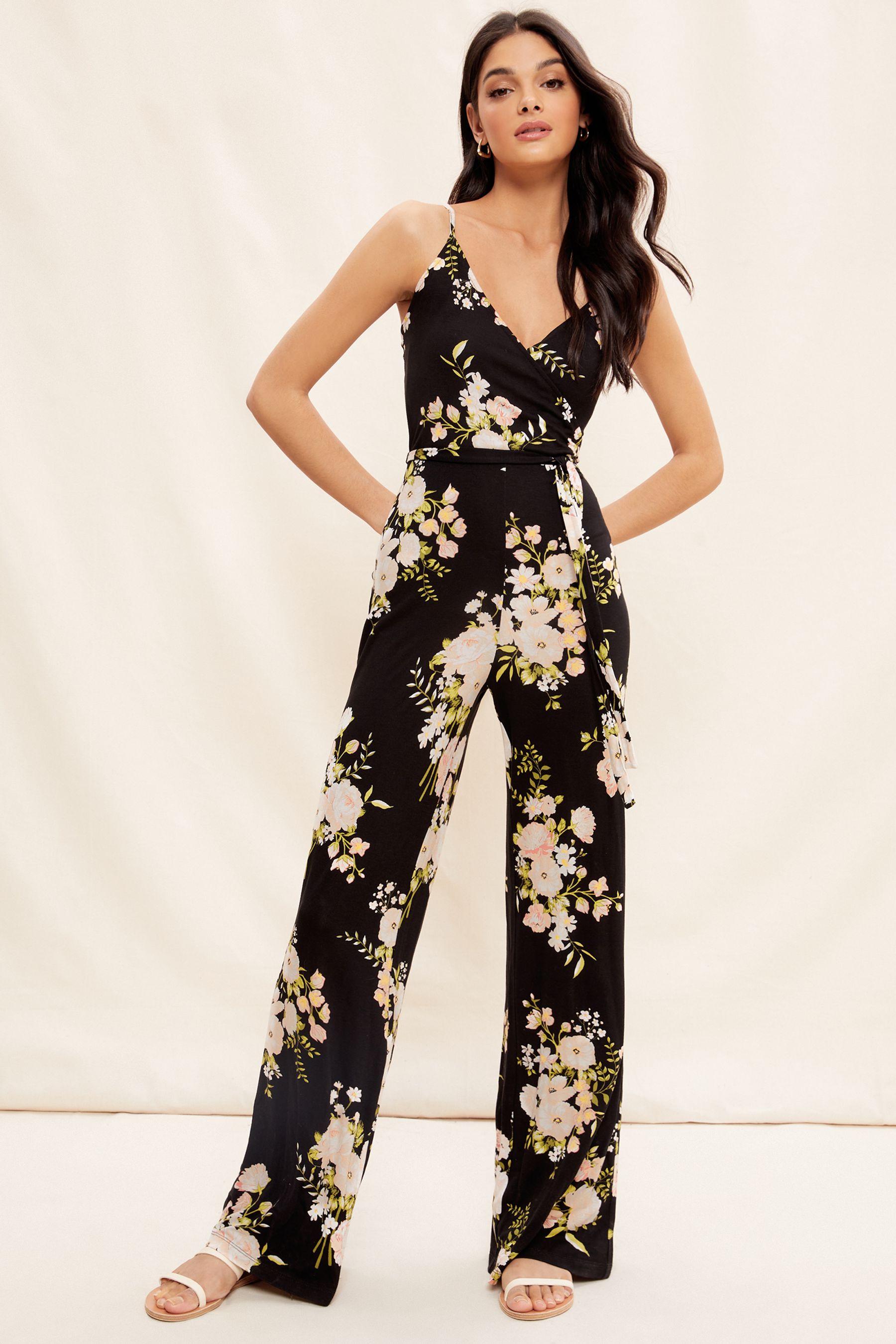 Buy Friends Like These Black White Floral Strappy Wrap Jersey Jumpsuit from Next Luxembourg