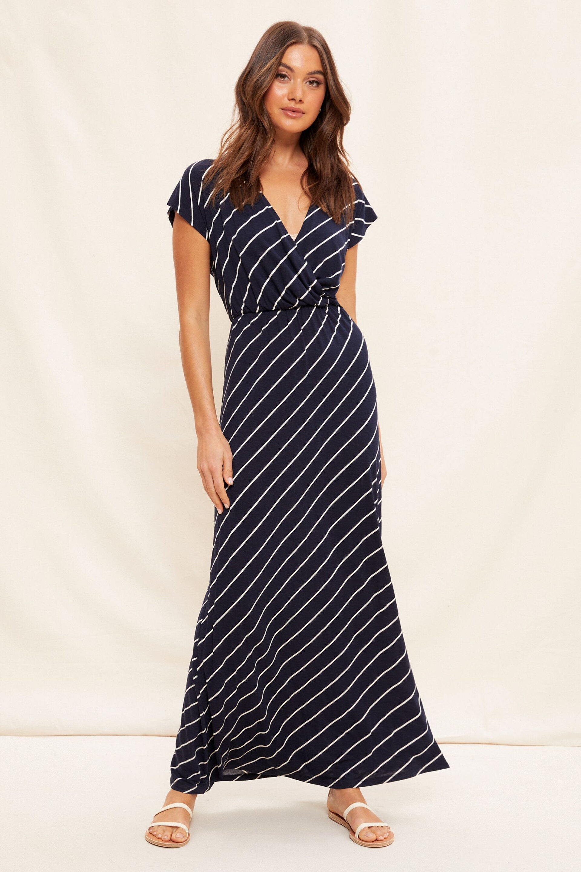 Friends Like These Navy Print Short Sleeve Wrap V Neck Tie Waist Summer Maxi Dress - Image 1 of 4