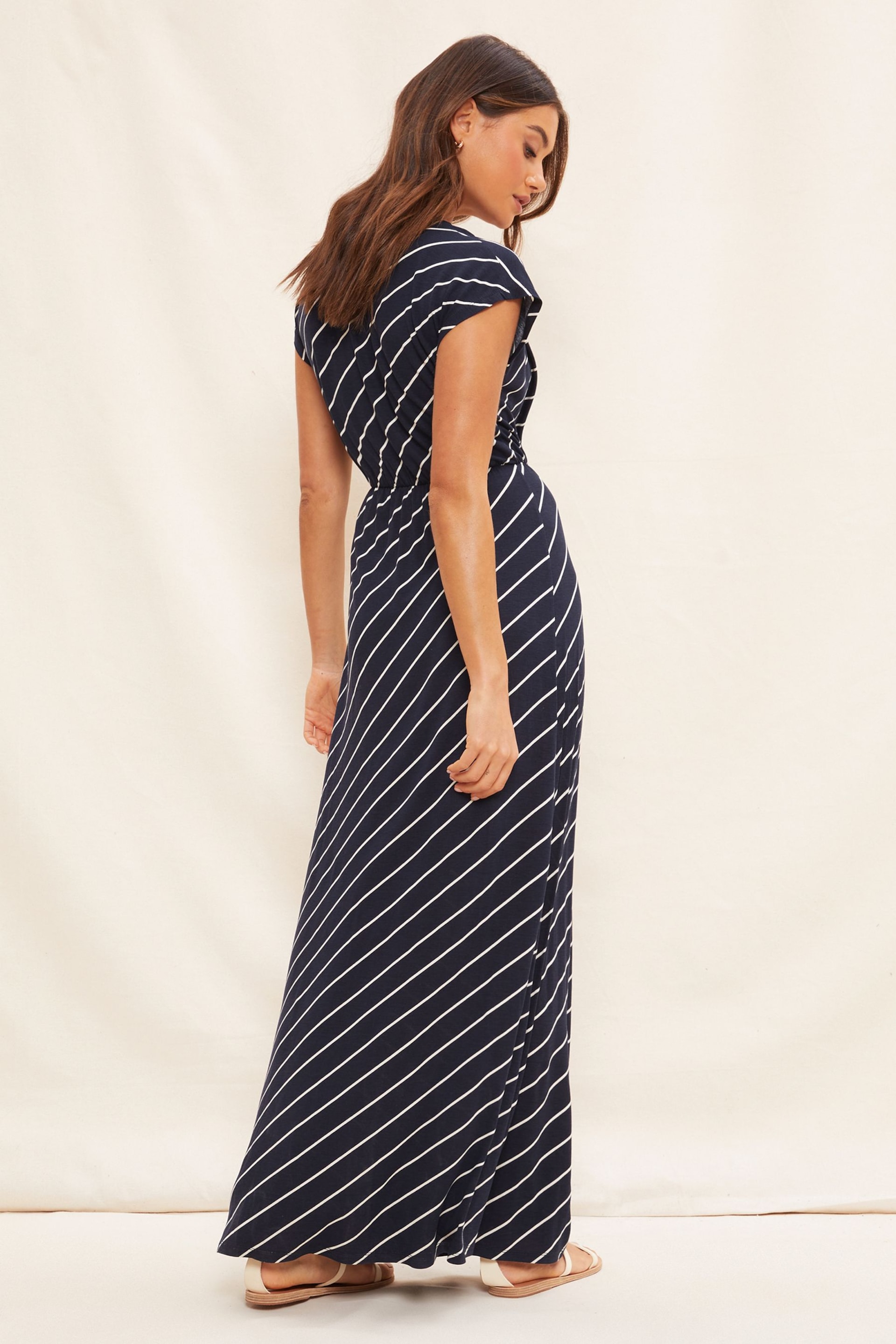 Friends Like These Navy Print Short Sleeve Wrap V Neck Tie Waist Summer Maxi Dress - Image 2 of 4