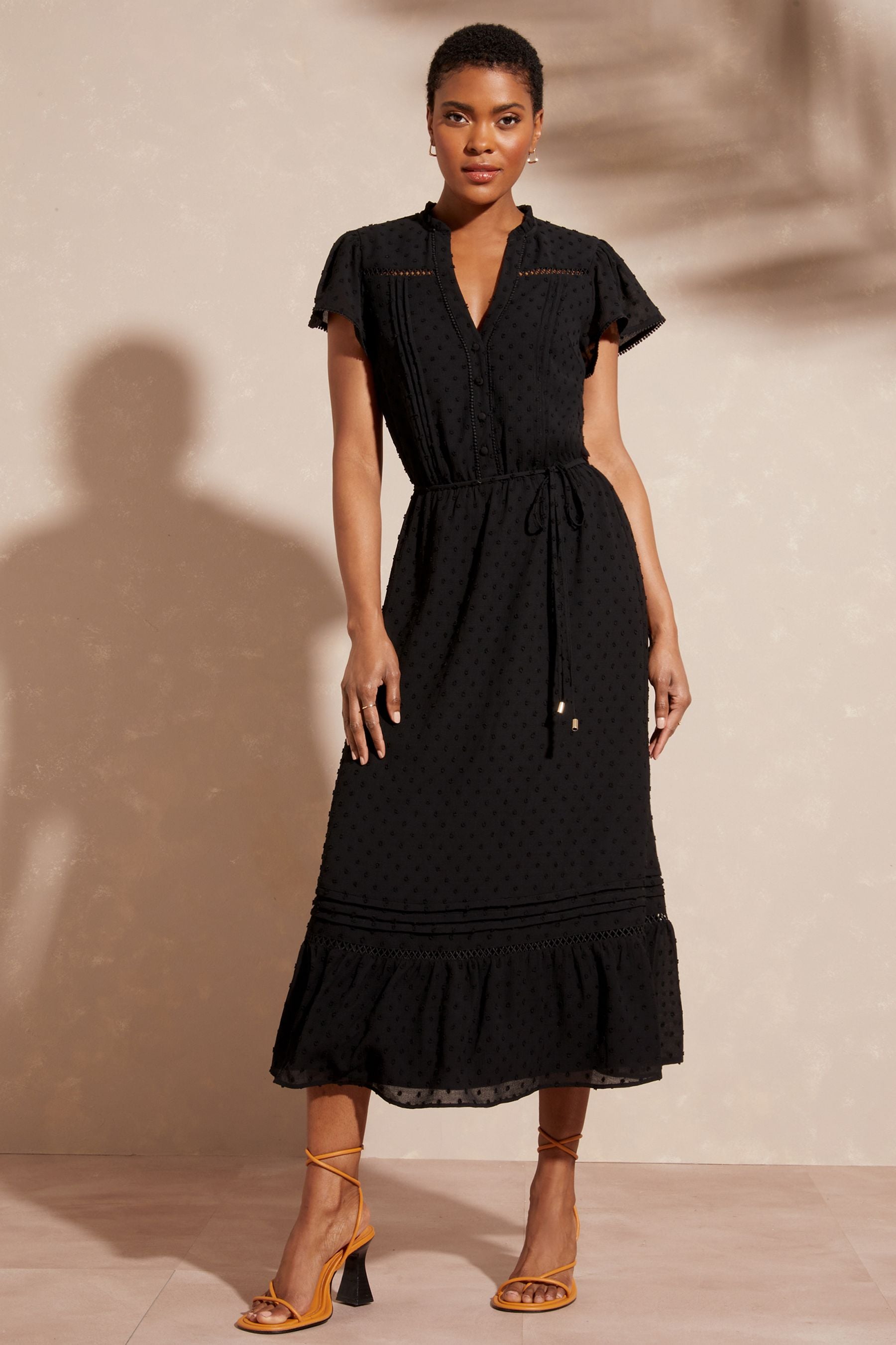 Buy Love Roses Black Lace Ruffle Frill V Neck Belted Short Sleeve Midi Dress from Next Luxembourg
