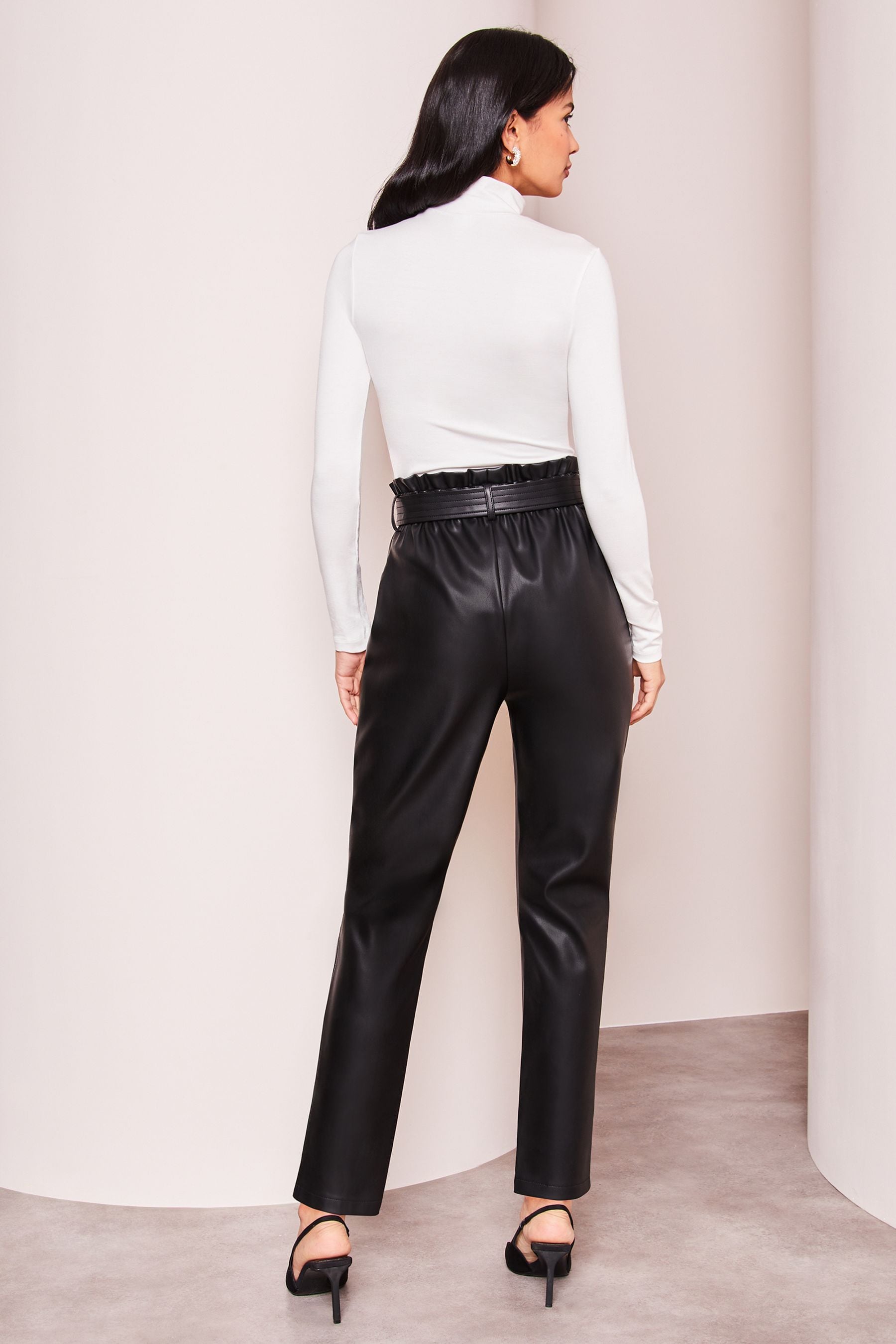 Black leather look paperbag trousers sales