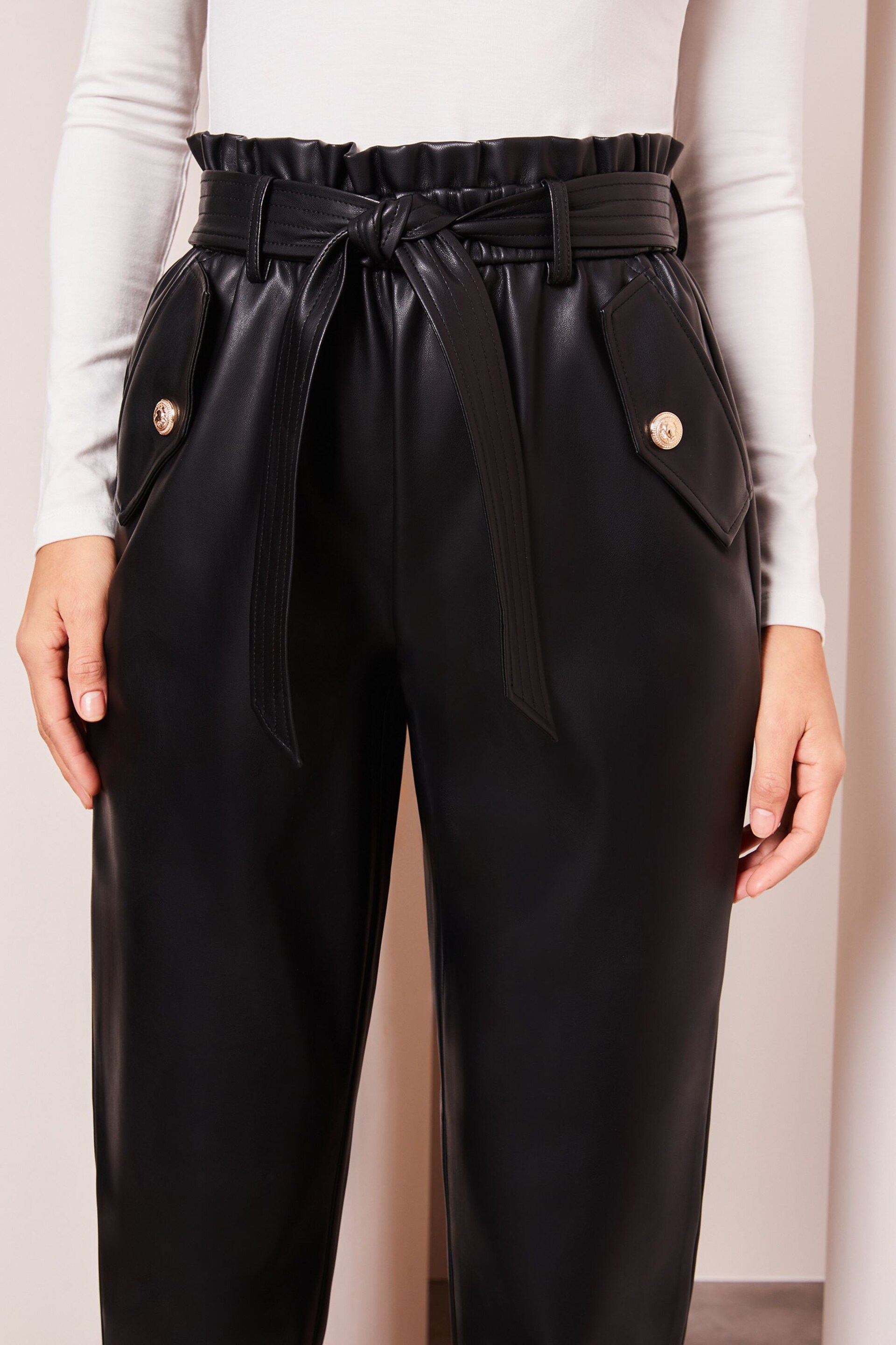 Lipsy Black Faux Leather Military Button Paperbag Trousers - Image 4 of 4