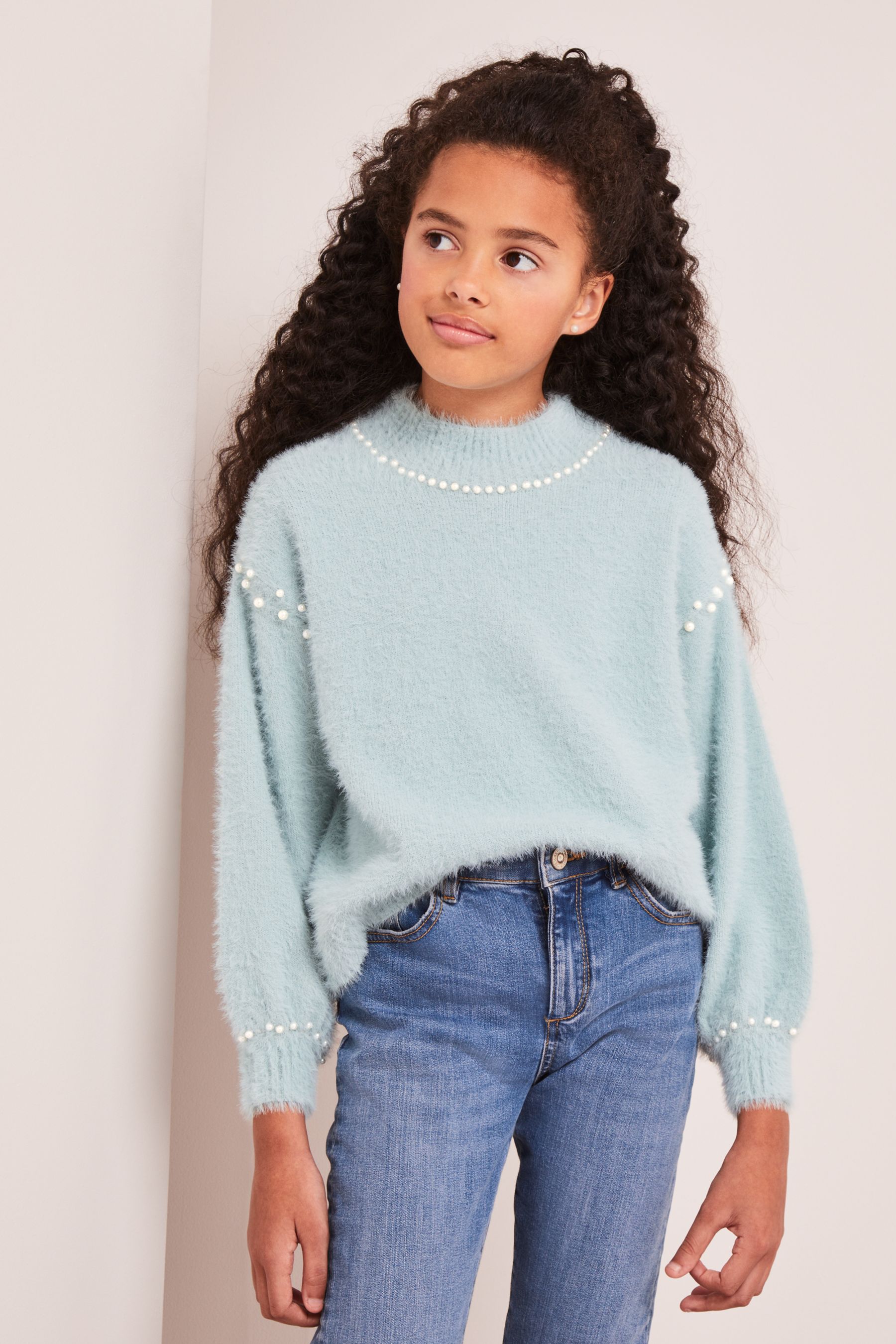 Buy Lipsy Blue Eyelash Knit Pearl Jumper from Next Luxembourg
