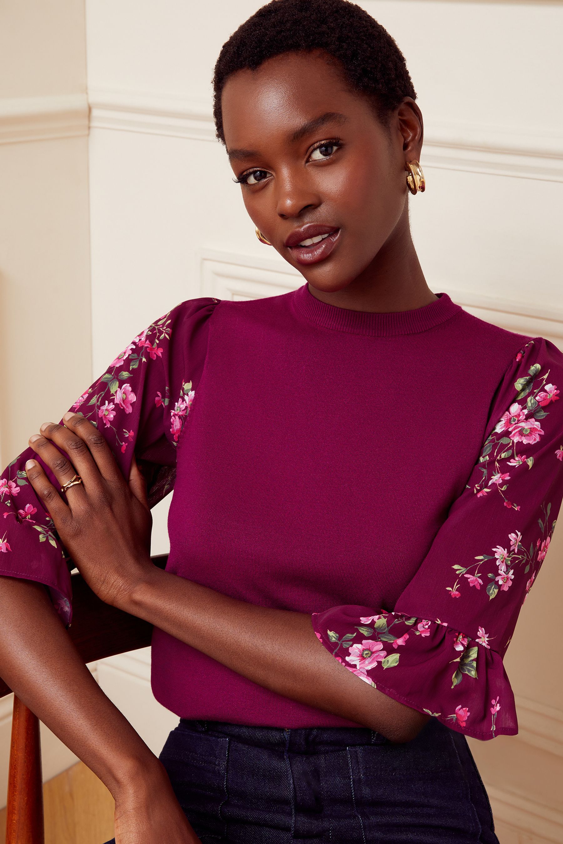 Buy Love Roses Burgundy Floral Petite Floral Flute Sleeve Crew Neck Jumper from Next Luxembourg
